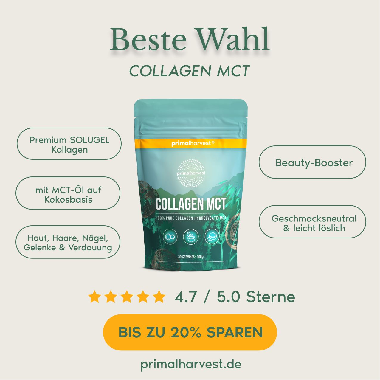 Primal Harvest Facebook ad: COLLAGEN MCT | 4.9 Sterne Bewertung