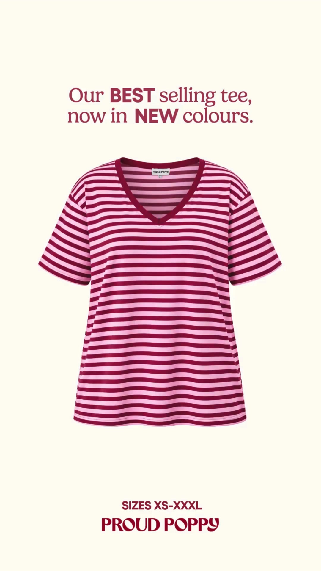 Proud Poppy Clothing Facebook ad: Shop the Striped V-Neck Tees