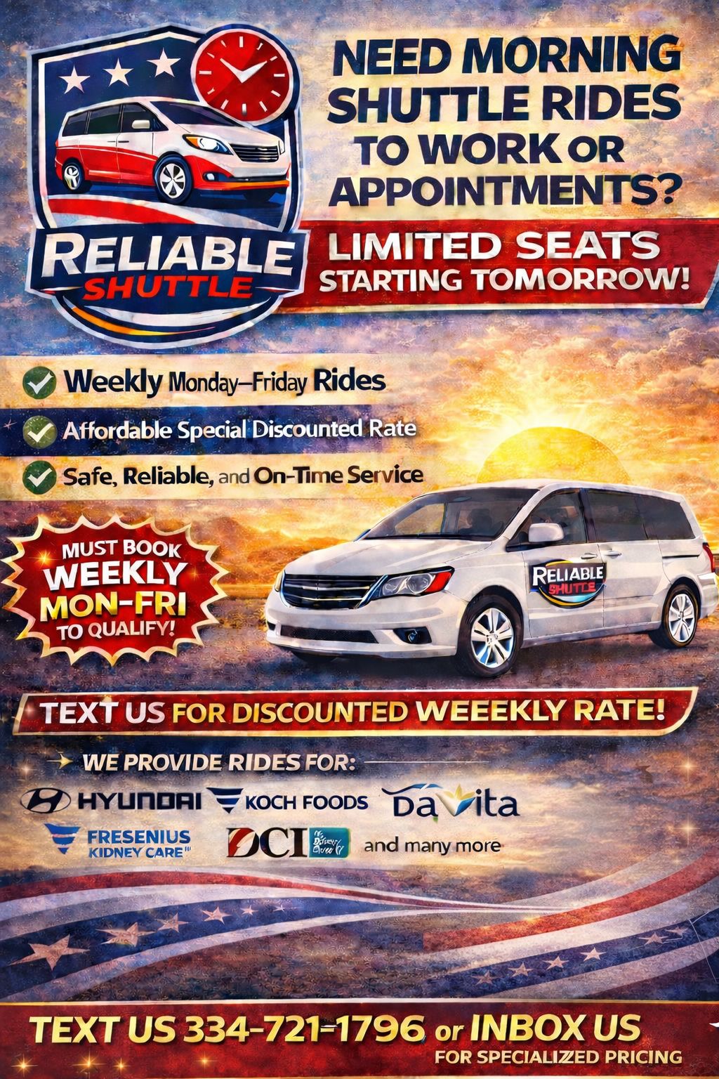 Reliable Shuttle Facebook ad: Morning rides available starting tomorrow!