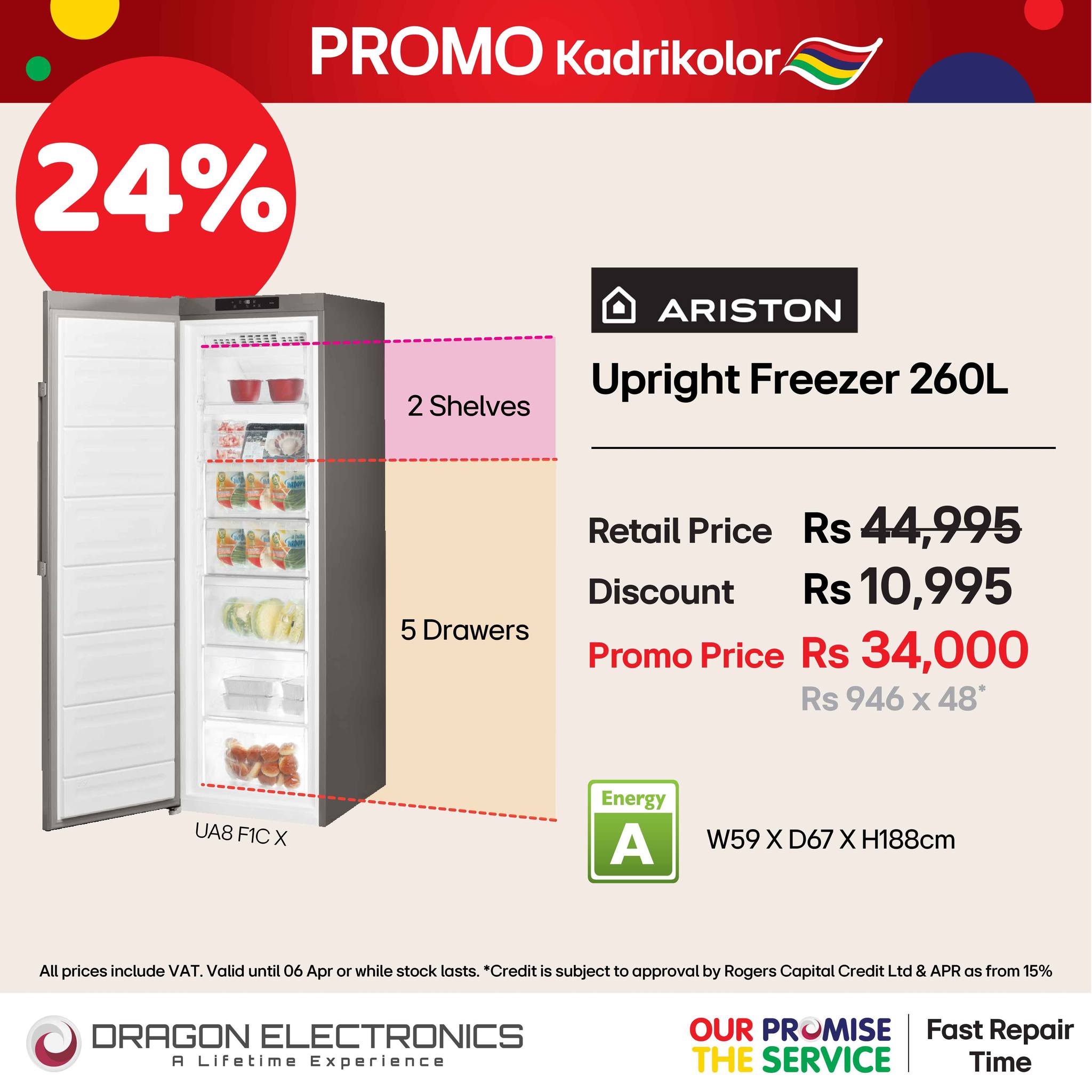 Dragon Electronics Facebook ad: ARISTON Upright Freezer 260L Net Capacity UA8 F1C X |โฆ