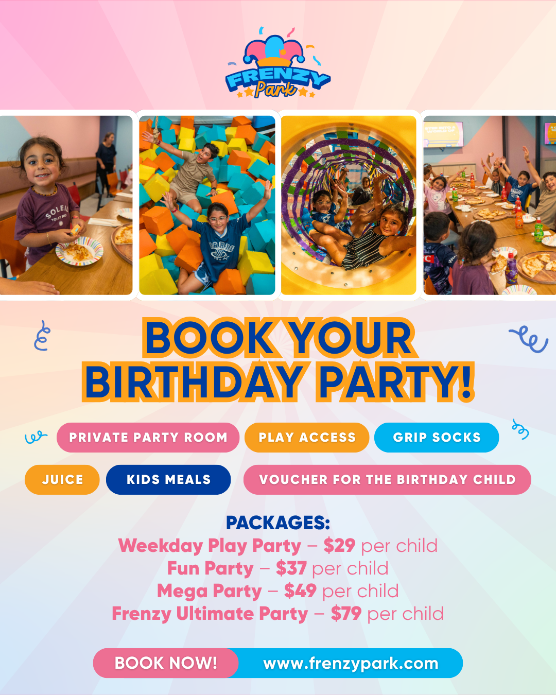Frenzy Park Facebook ad: Book Now!