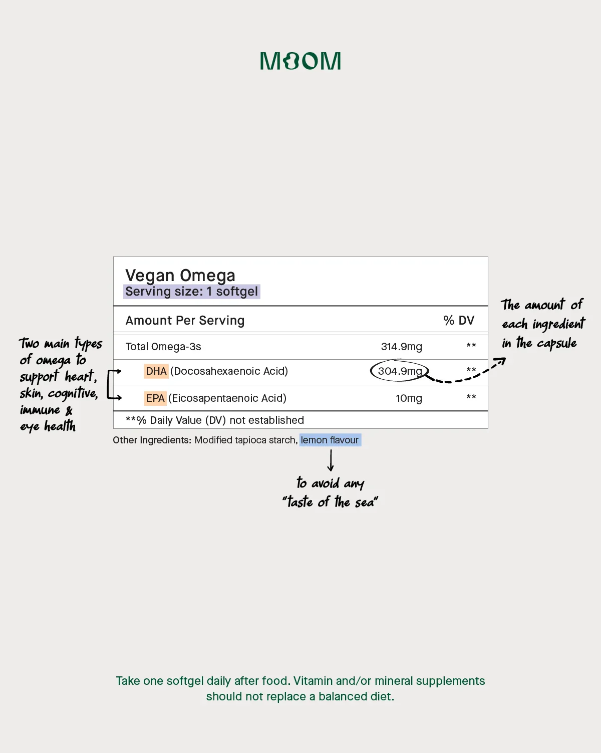 Moom Health Facebook ad: Moom's Vegan Omega: Subscribe & Save 33%!