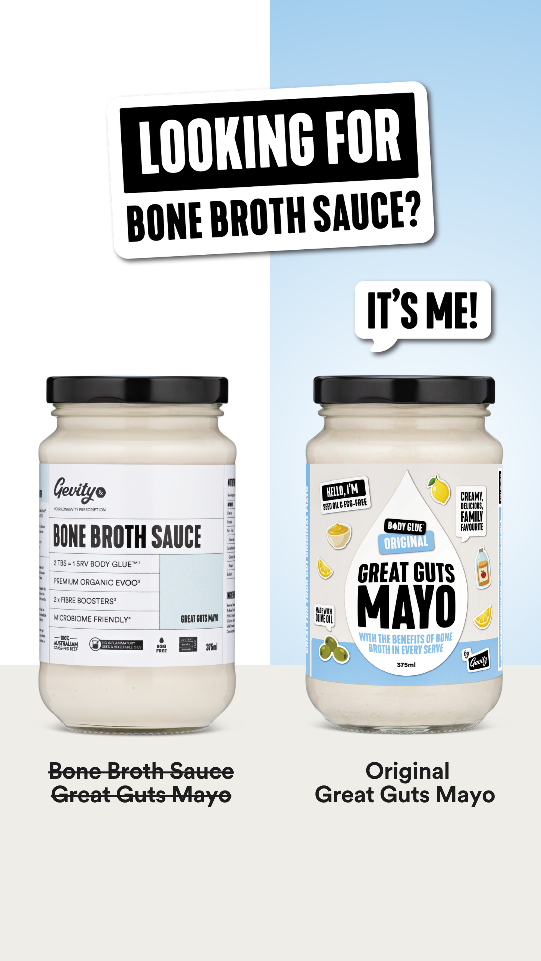 Gevity Rx Facebook ad: Great Guts Mayo is the upgrade. Same bone broth