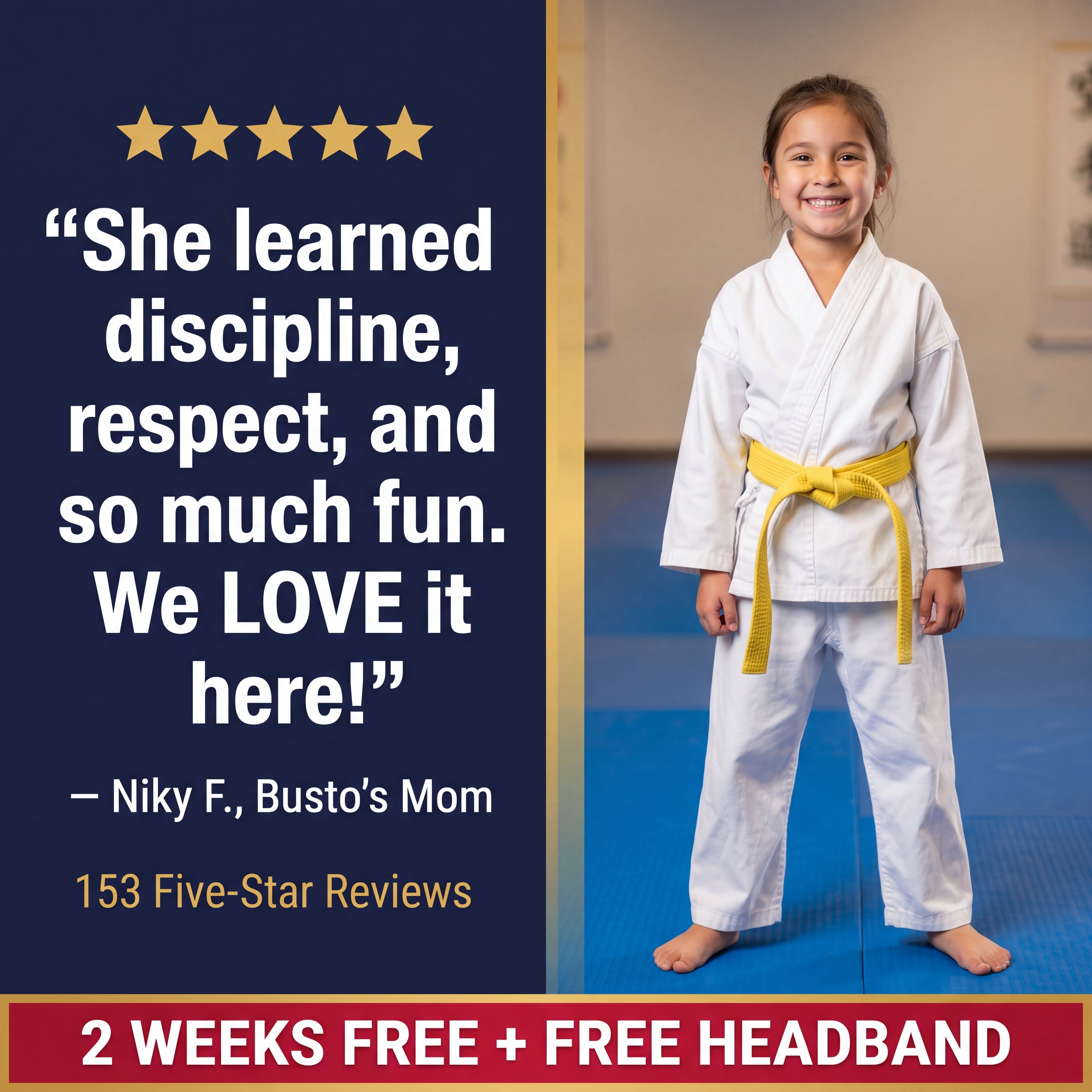 Busto's Martial Arts Facebook ad: 2 Free Weeks of Kids Karate + Free Headband