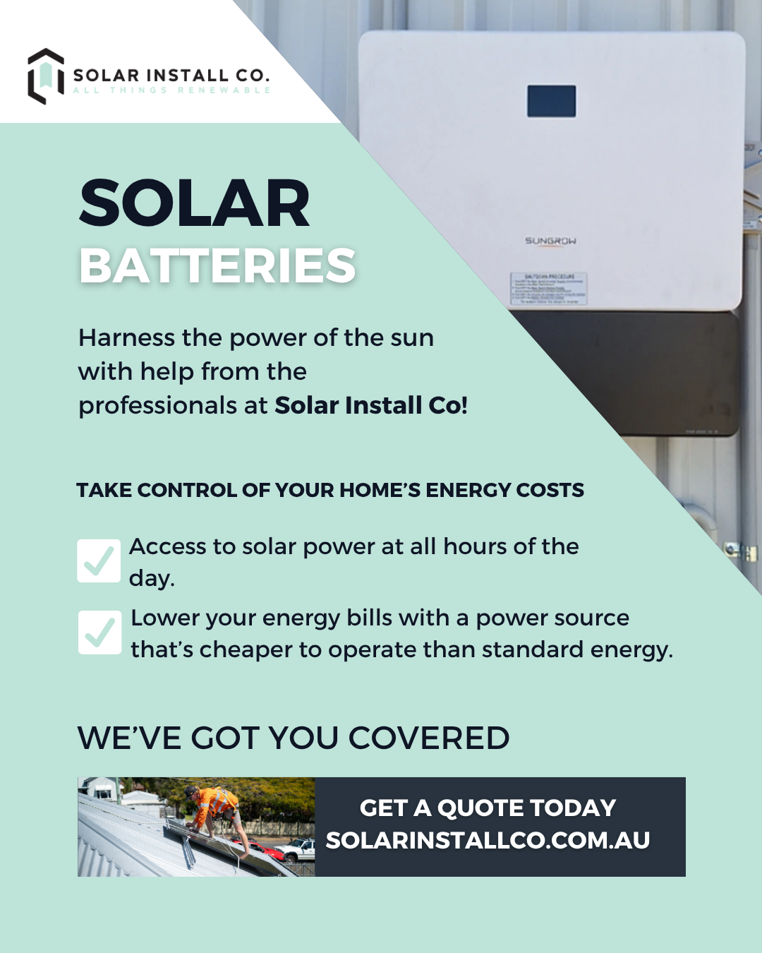 Solar Install Co Facebook ad: Lower Your Energy Bills with Solar Batteries