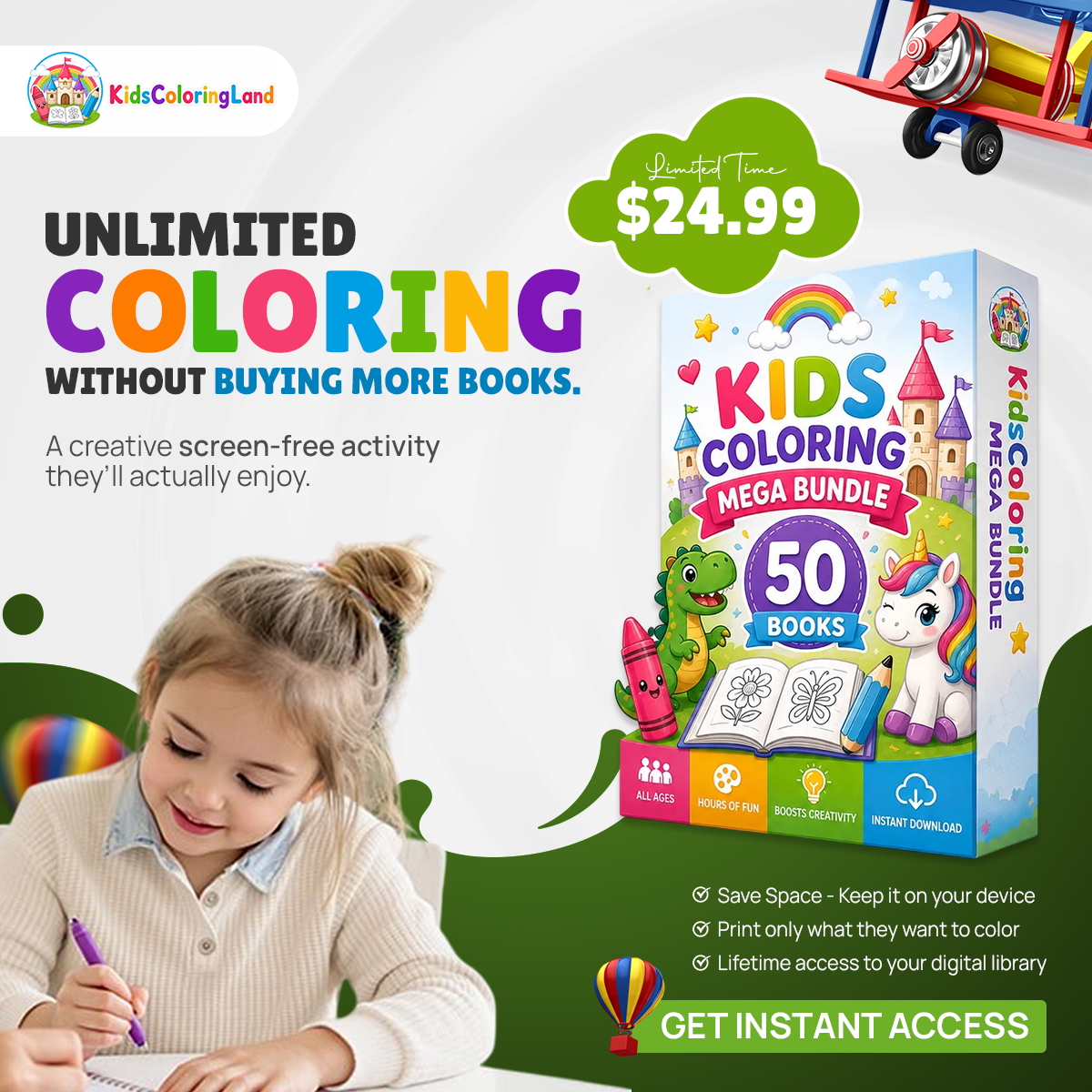 Kids Coloring Land Facebook ad: 50 Kids Coloring Books for Only $24.99