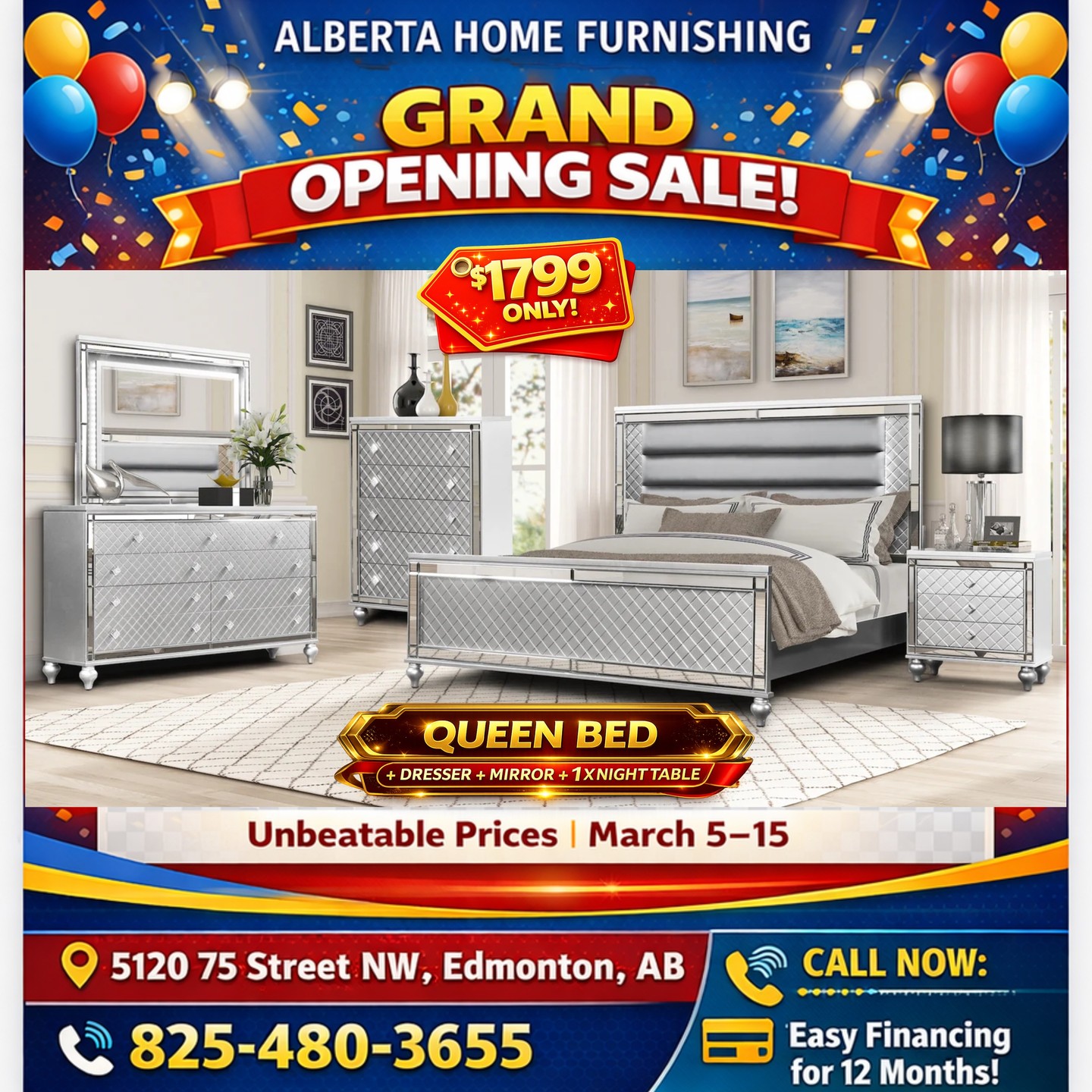 Alberta Home Furnishing Facebook ad: GRAND OPENING BLOWOUT SALE