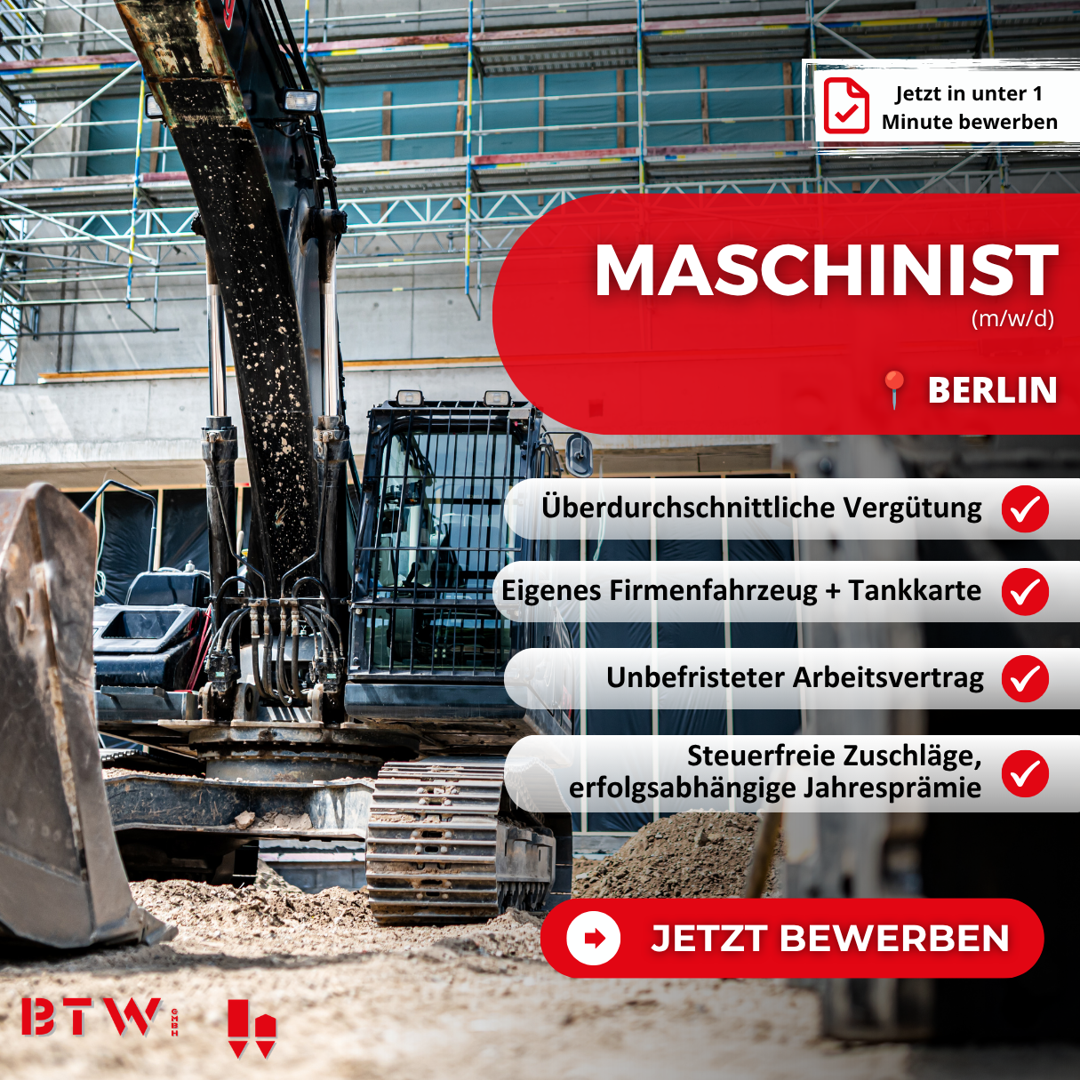 BTW GmbH Facebook ad: Maschinist (m/w/d) in Berlin gesucht!