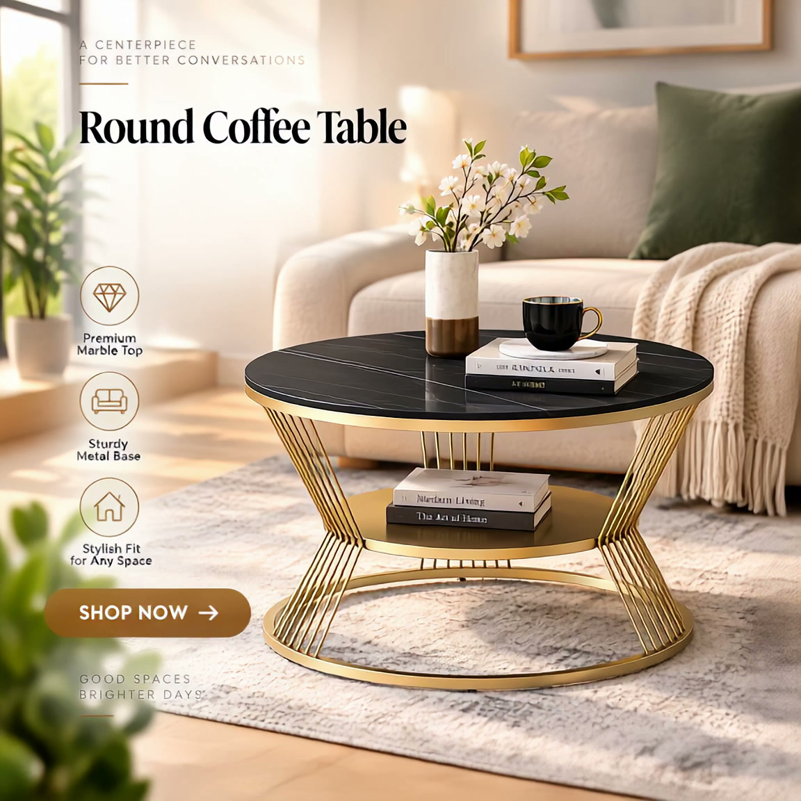 Viapradhan Facebook ad: Shop Round Marble Top Coffee Table With Metal Base Now!