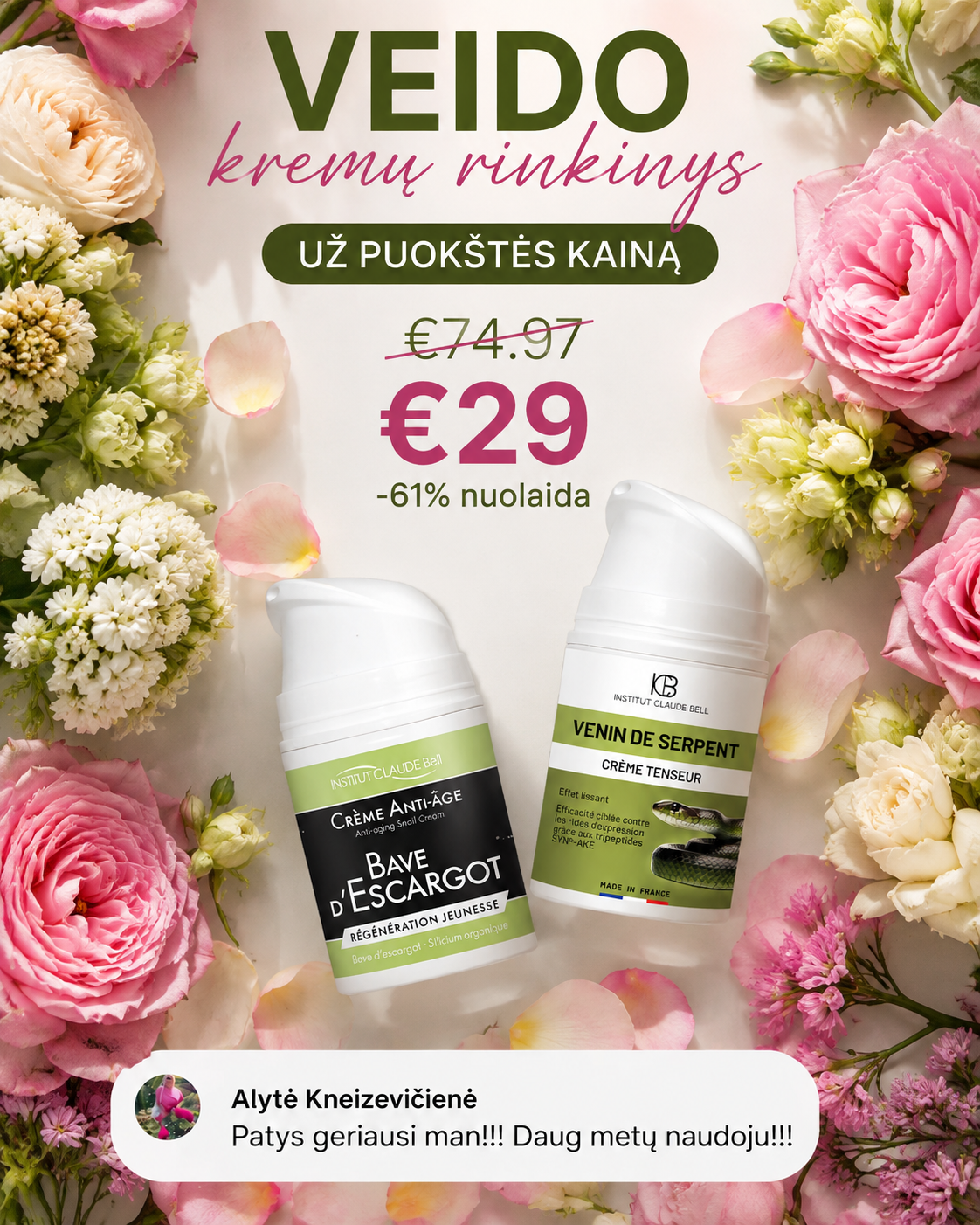 Kosmetikalt.lt Facebook ad: DIENAI + NAKČIAI, 2 kremai tik 29 €