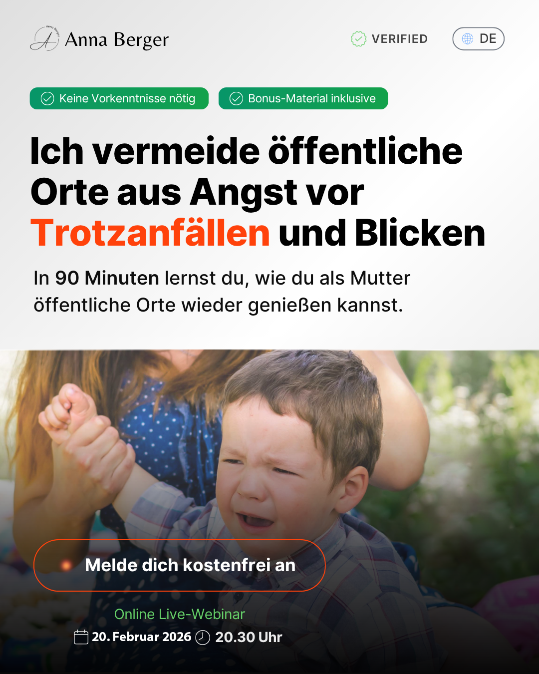 Familyflow Anna Berger Facebook ad: Live-Webinar am 20.02. für willensstarke Kinder
