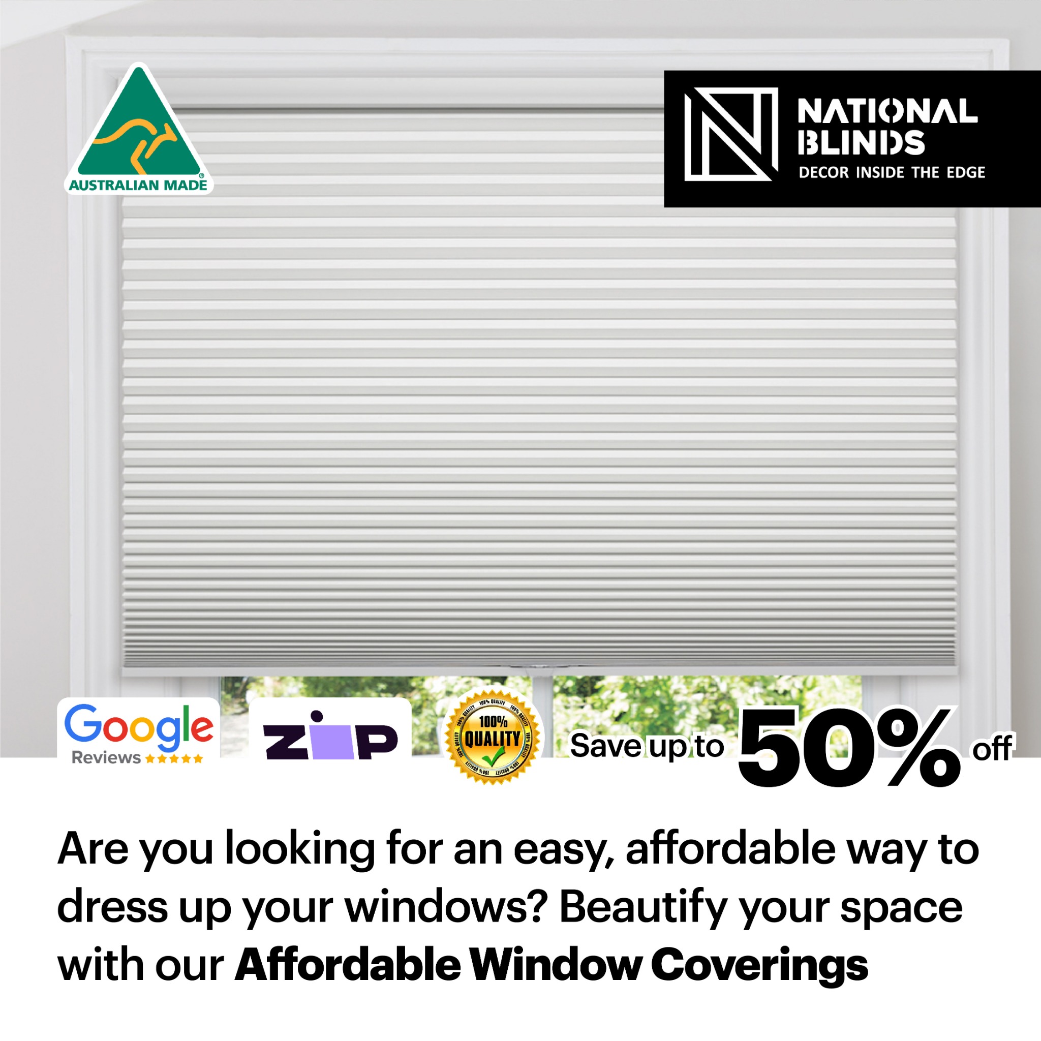 National Blinds Facebook ad: Transform Your Space & Save Big!