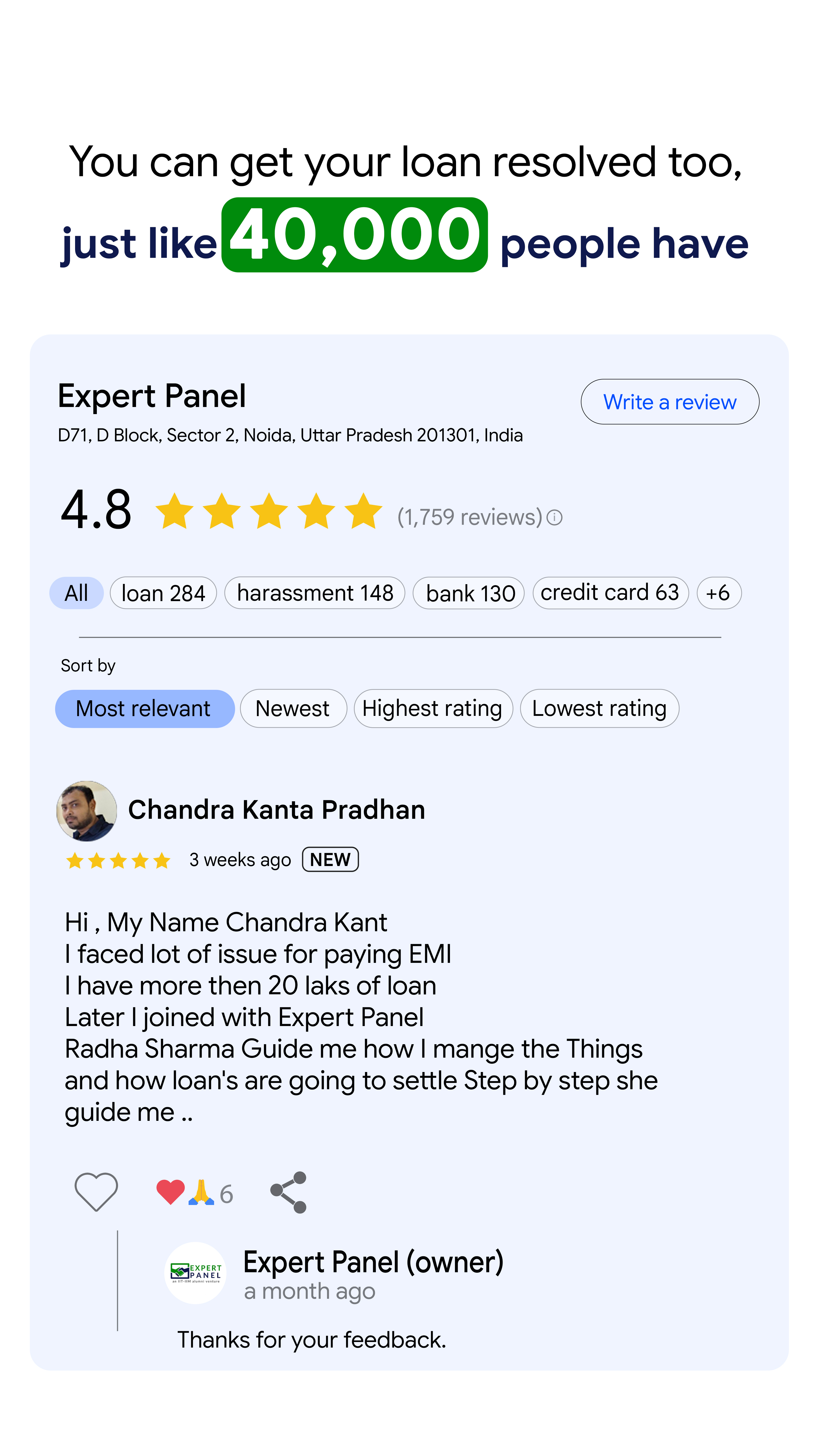 ExpertPanel Facebook ad: Get Legal Counselling For Dues Today