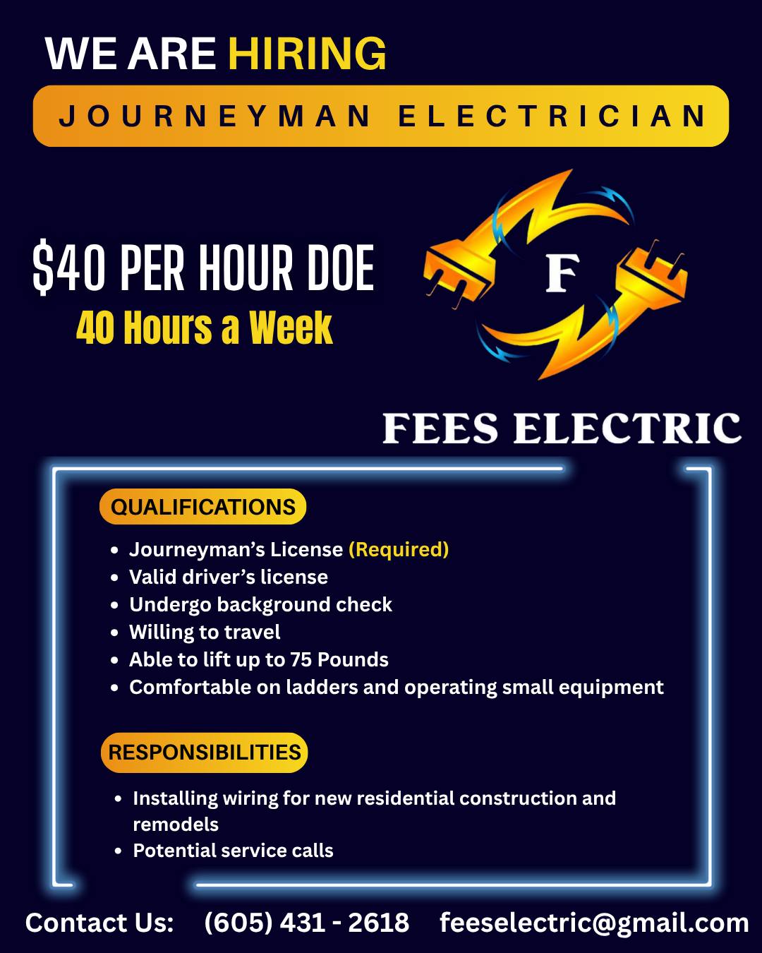 Fees Electric Facebook ad: NOW HIRING: Journeyman Electrician