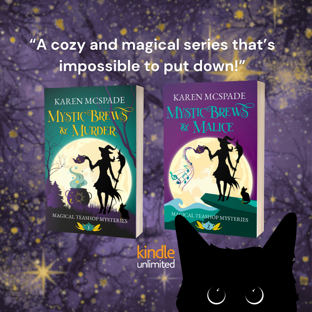 Karen McSpade, Author Facebook ad: A Cozy Mystery Full of Spells, Secrets, & Sass