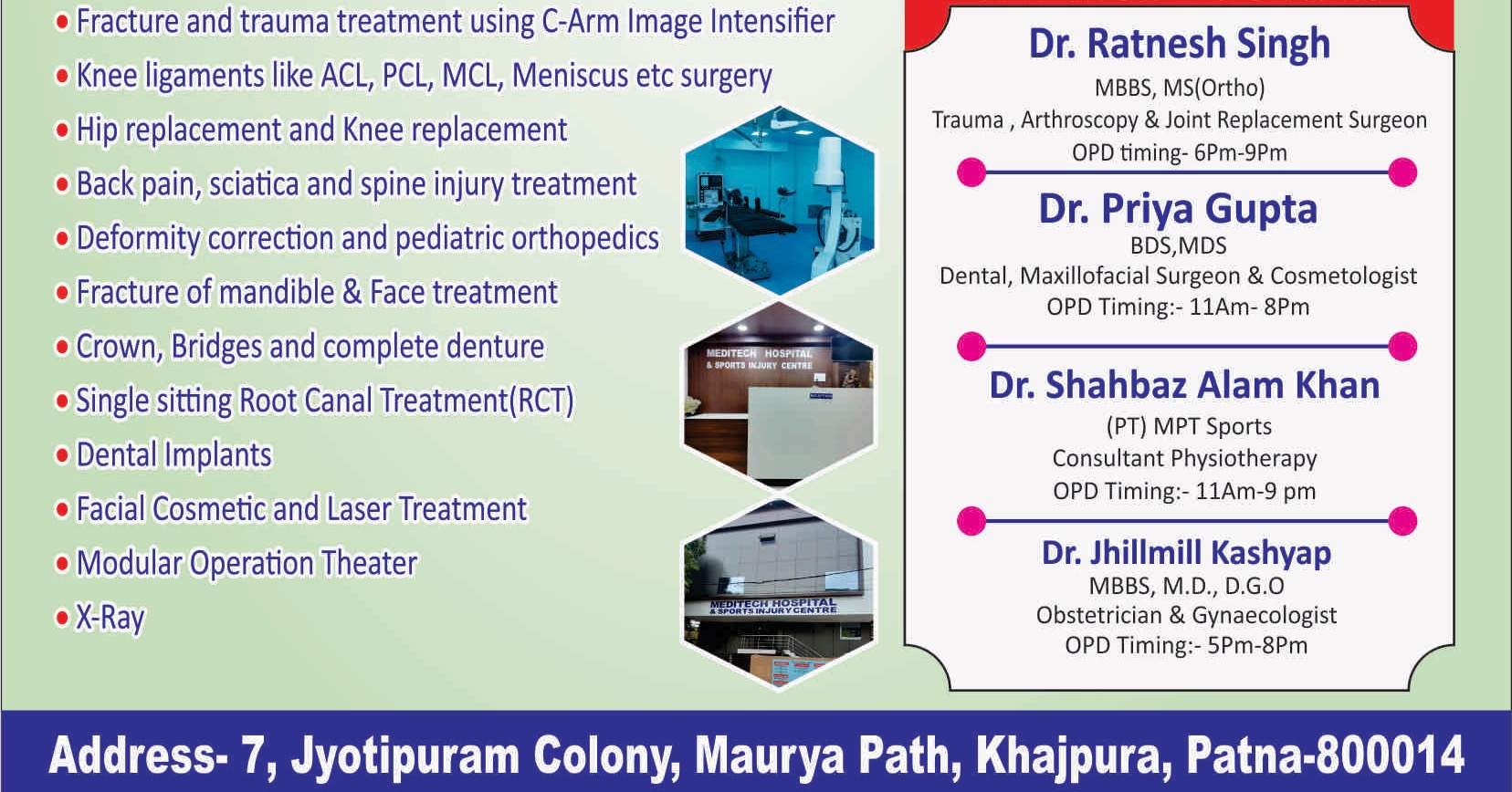 Meditech Hospital & Sports Injury Centre Facebook ad: Orthopedics, Dental, Maxillofacial, Sports injury, joint…