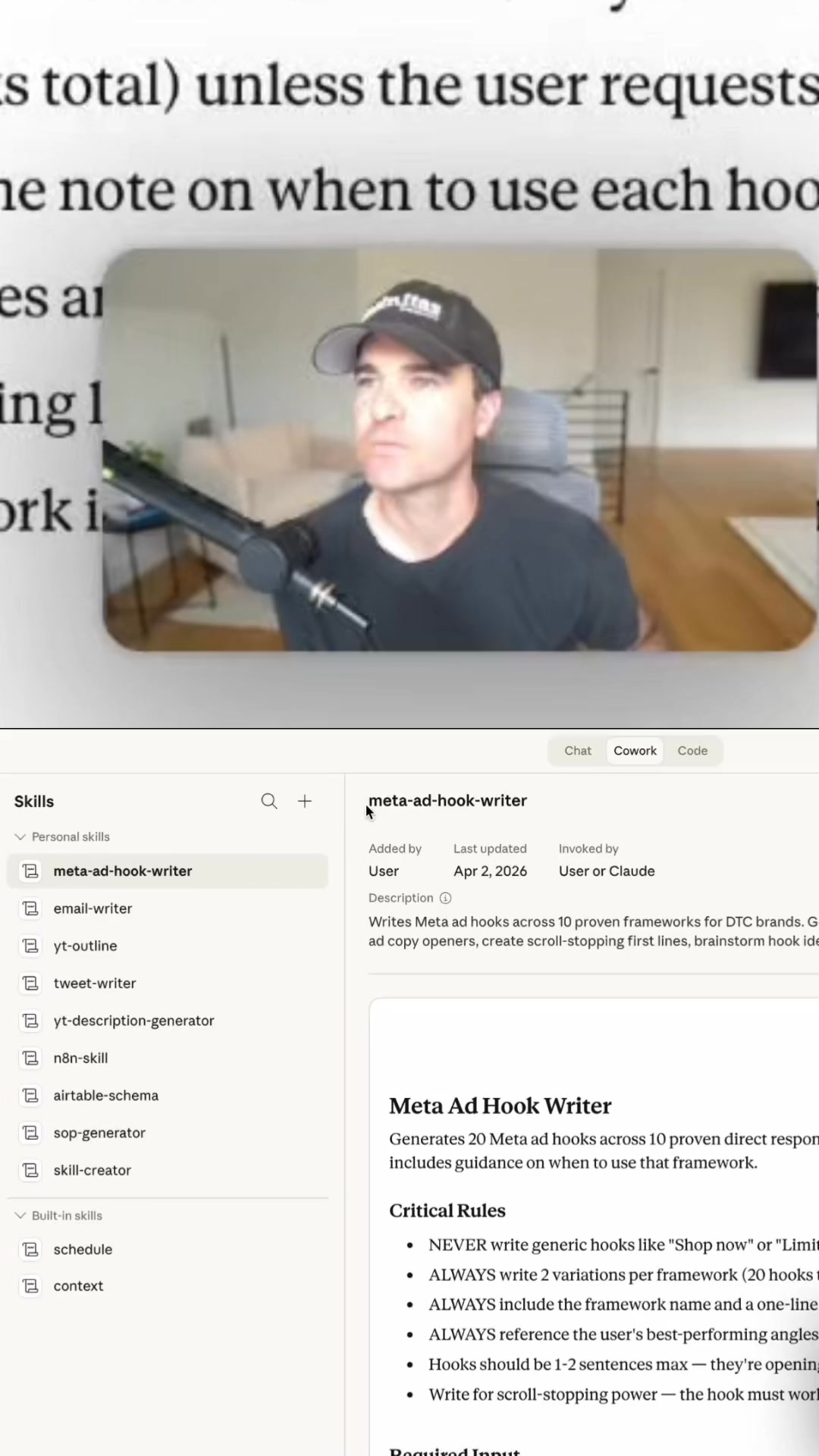 Mike Futia Facebook ad: Meta Ads Hook Writer (Claude Skills)