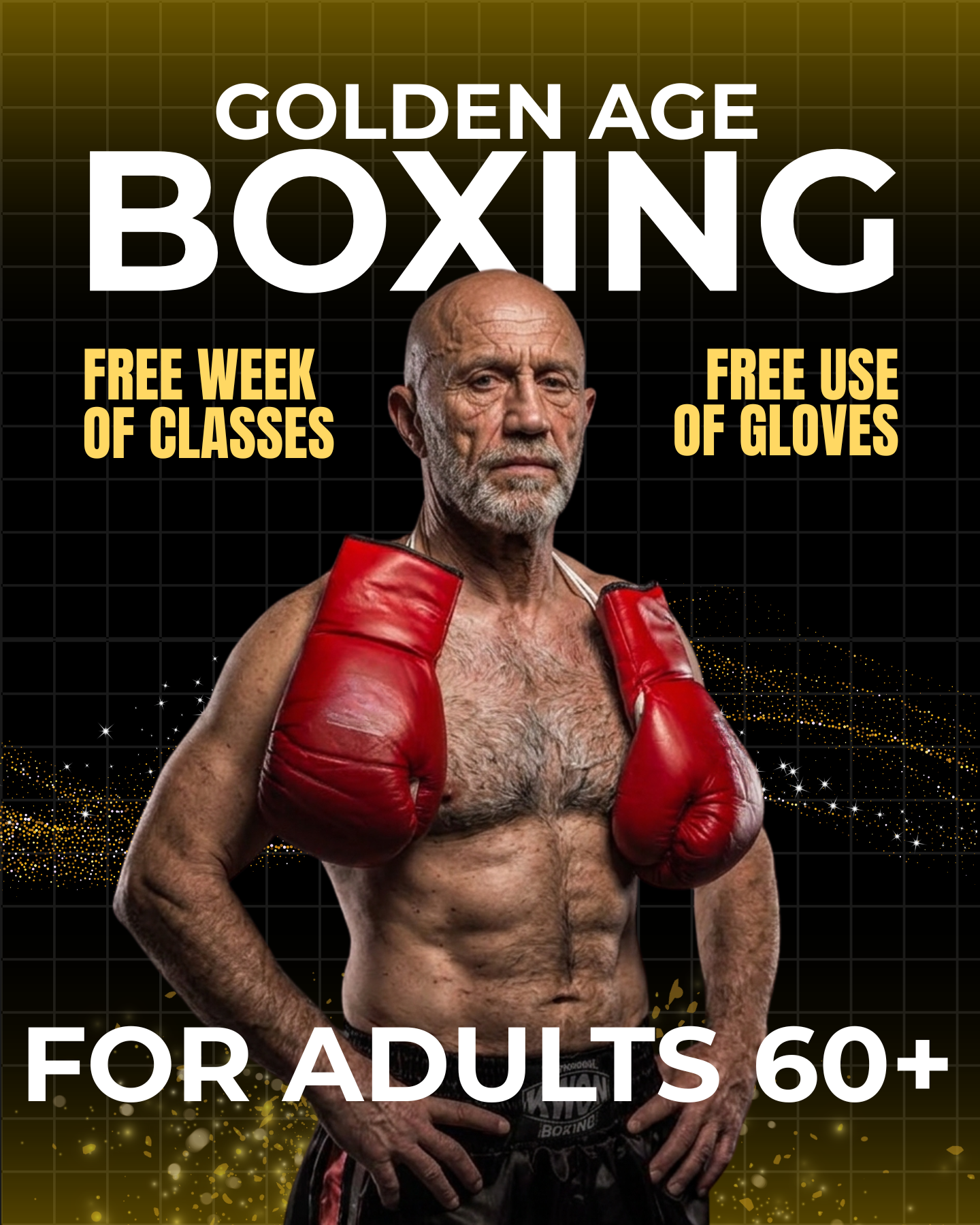 Jukebox Boxing Club Facebook ad: Golden Age Boxing (for 60+ yrs), FREE Classes!