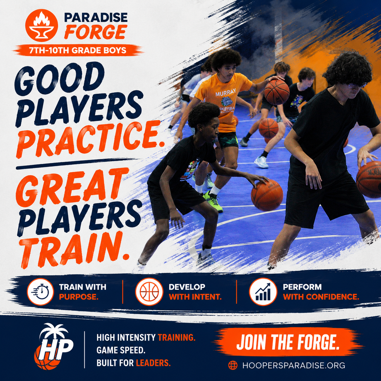 Hoopers Paradise Facebook ad: Good Players Practice. Great Players Train.