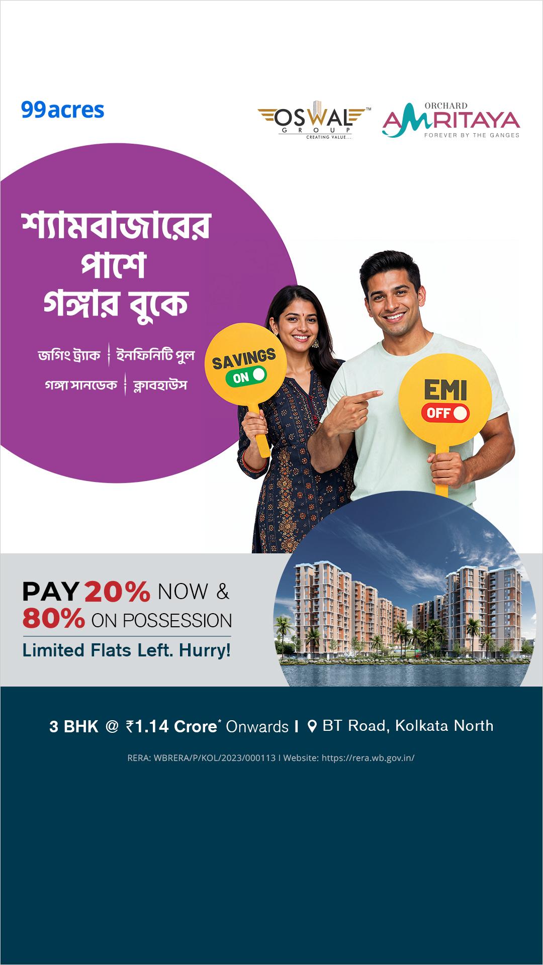 99acres Kolkata Facebook ad: 3 BHK Homes starting ₹1.14 Crore* Onw.