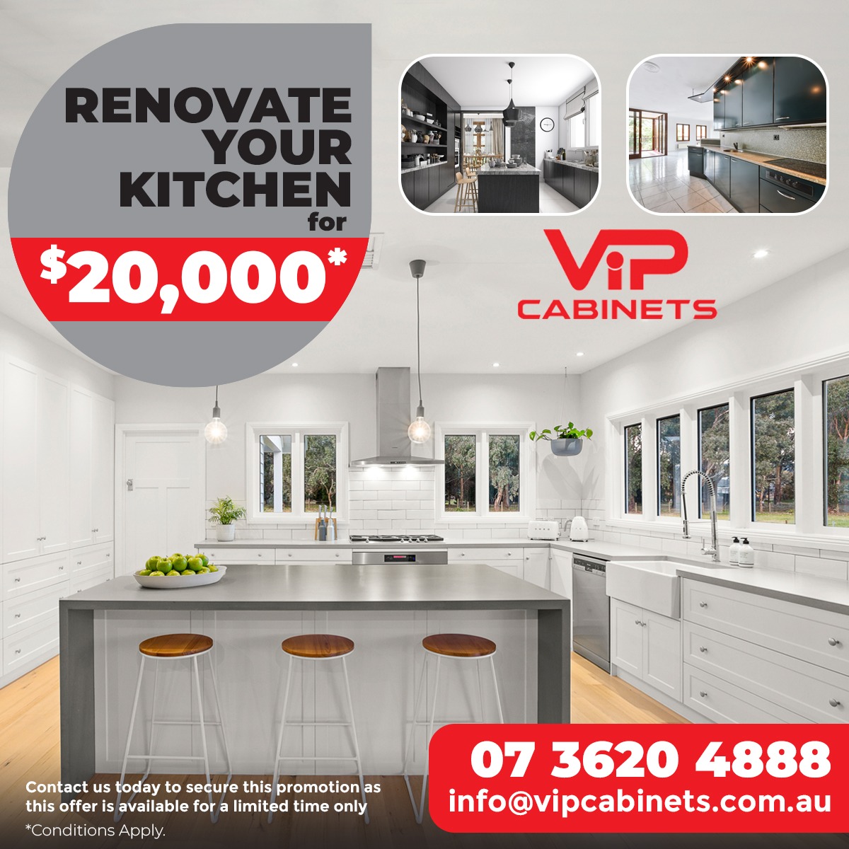 VIP Cabinets Facebook ad: FULL KITCHEN RENOVATION PACKAGE FOR JUST $20,000!*