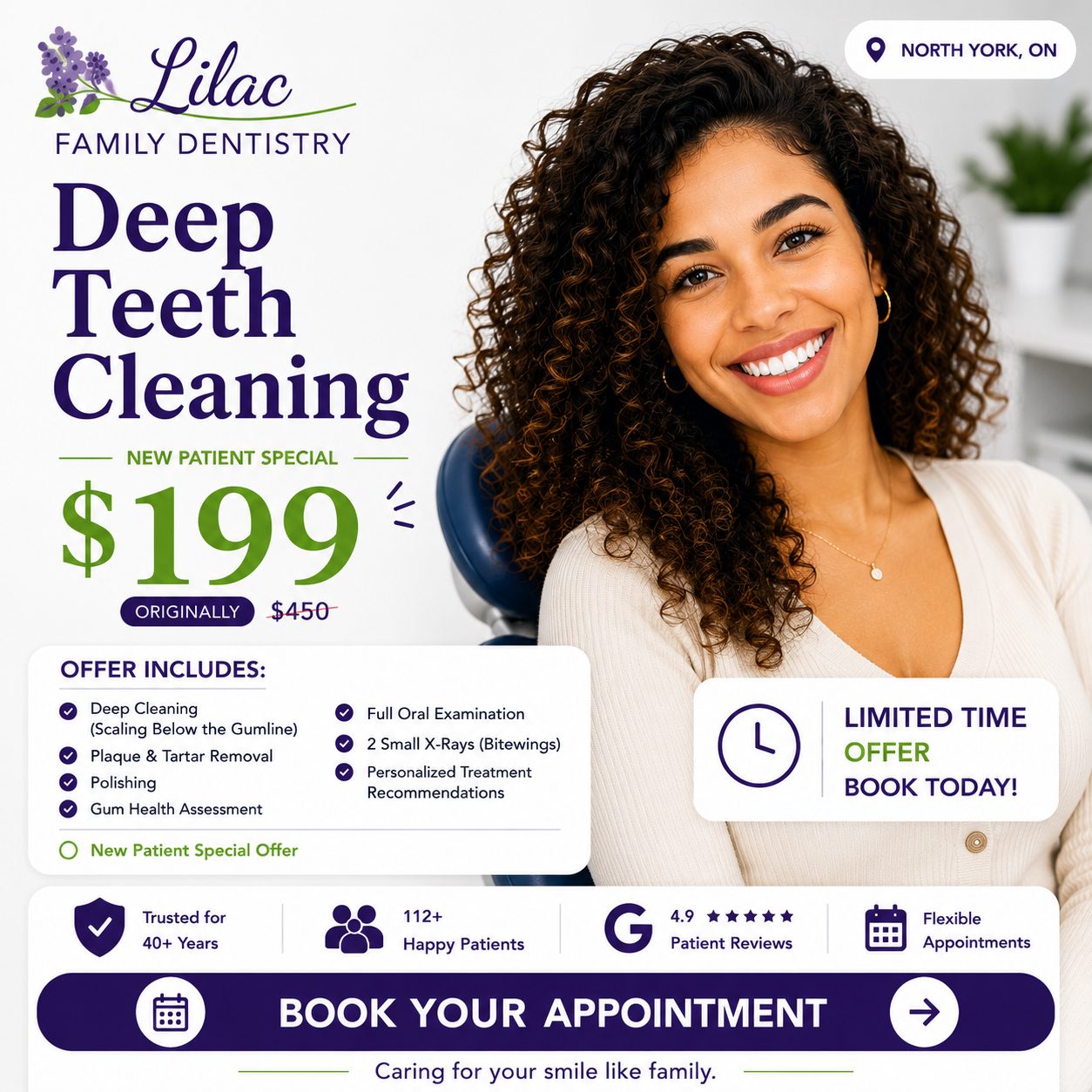 Lilac Family Dentistry Facebook ad: Dental Cleaning & Exam, $199