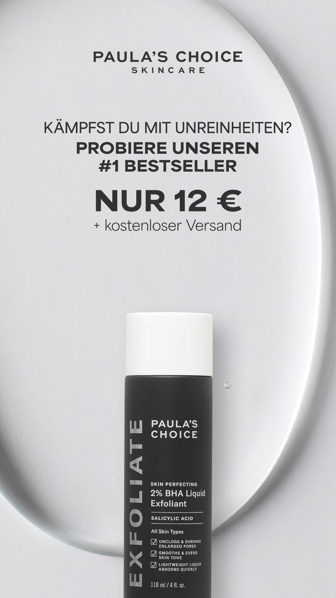 Paula's Choice Facebook ad: Jetzt 12 € + gratis Versand