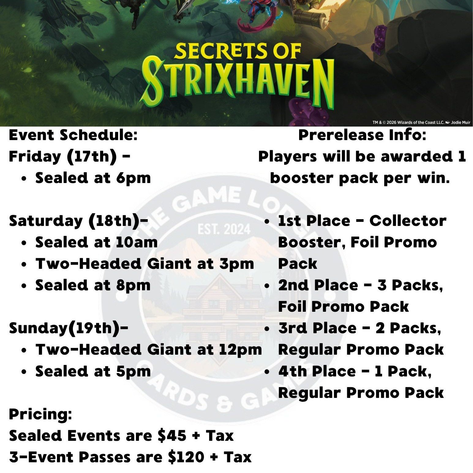 The Game Lodge Facebook ad: Secrets of Strixhaven Event Entry Fee