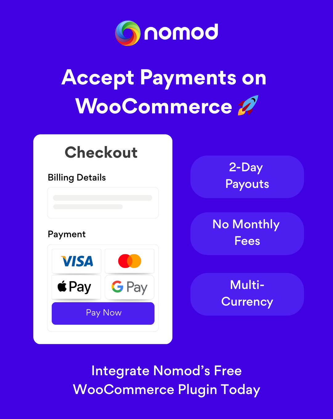 Nomod Facebook ad: Accept Payments on WooCommerce Instantly!