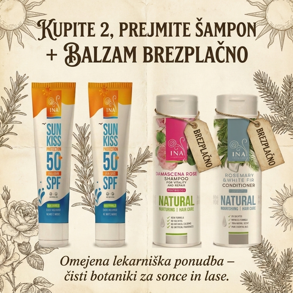 InaEssentials.SI - Naravna in Organska Kozmetika Facebook ad: Kupi 2 SPF 50+, sampon in balzam sta darilo