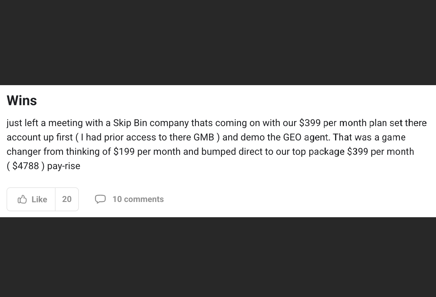 Climbo.com Facebook ad: $399/month from one local client