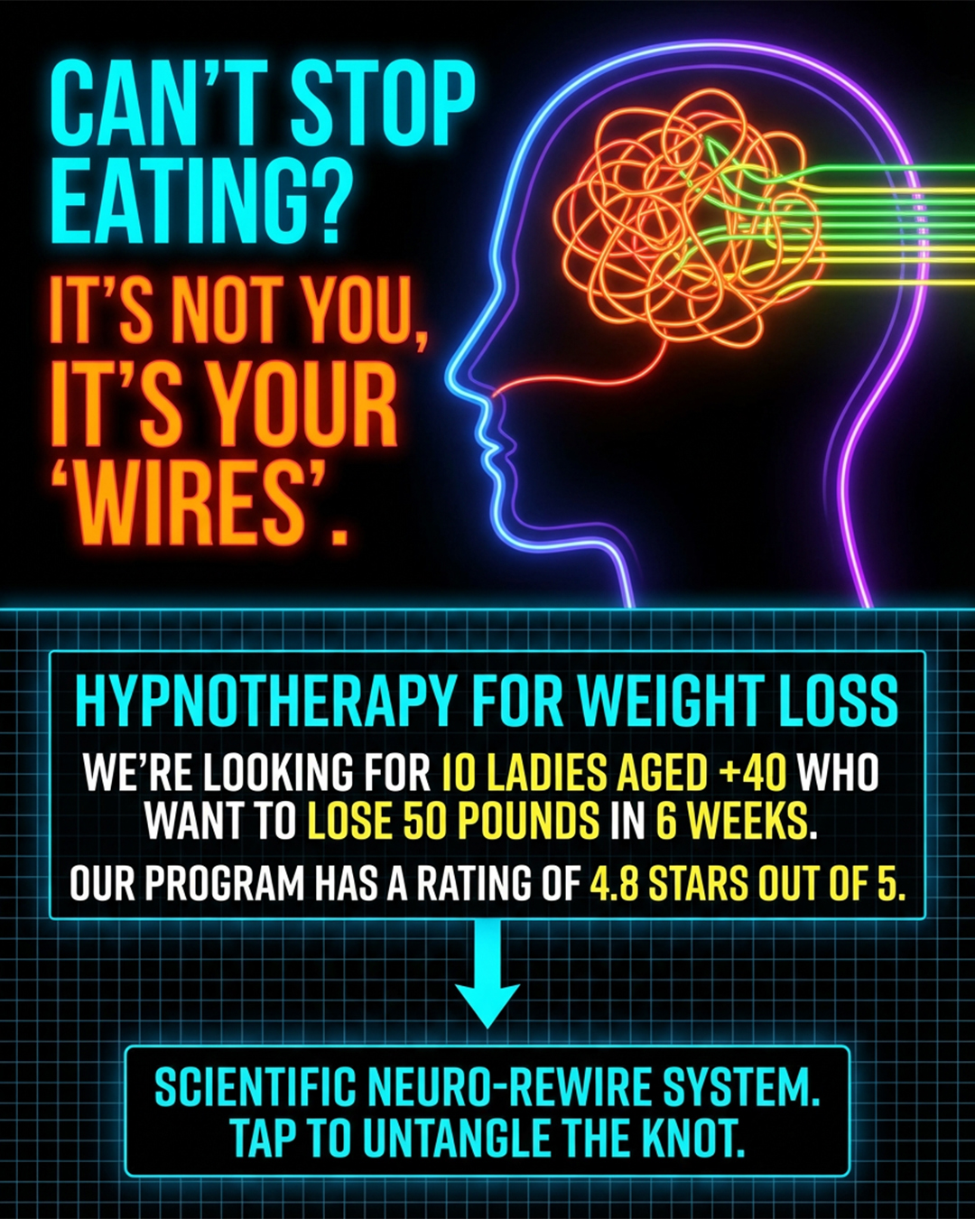 Hypnotherapy for Weight Loss Facebook ad: Press play. Close your eyes. Change everything