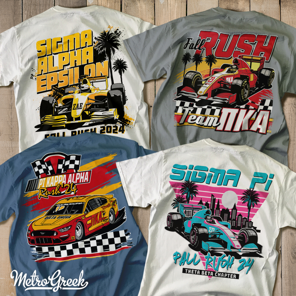 Metropolis Graphics Facebook ad: New Race-themed Fraternity Rush Shirts for Spring 2026