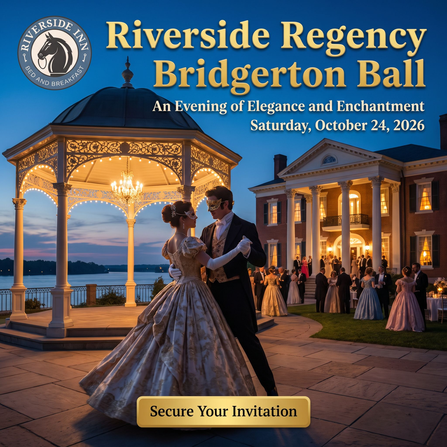 Riverside Inn Bed & Breakfast Facebook ad: Dine Like Royalty: Riverside Inn Bridgerton Masquerade