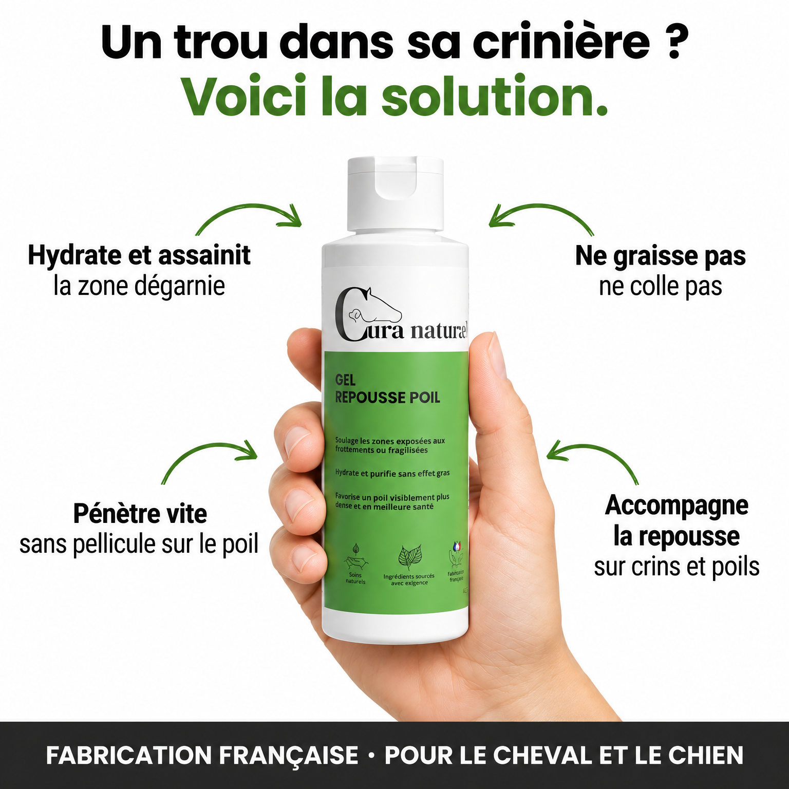 Cura naturale Facebook ad: Gel repousse poil pour cheval · Note 4,8/5