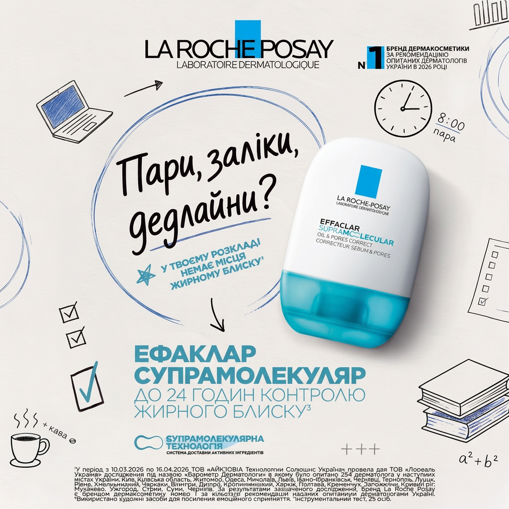 La Roche-Posay Facebook ad: Кава, конспекти, пара о 8:00.