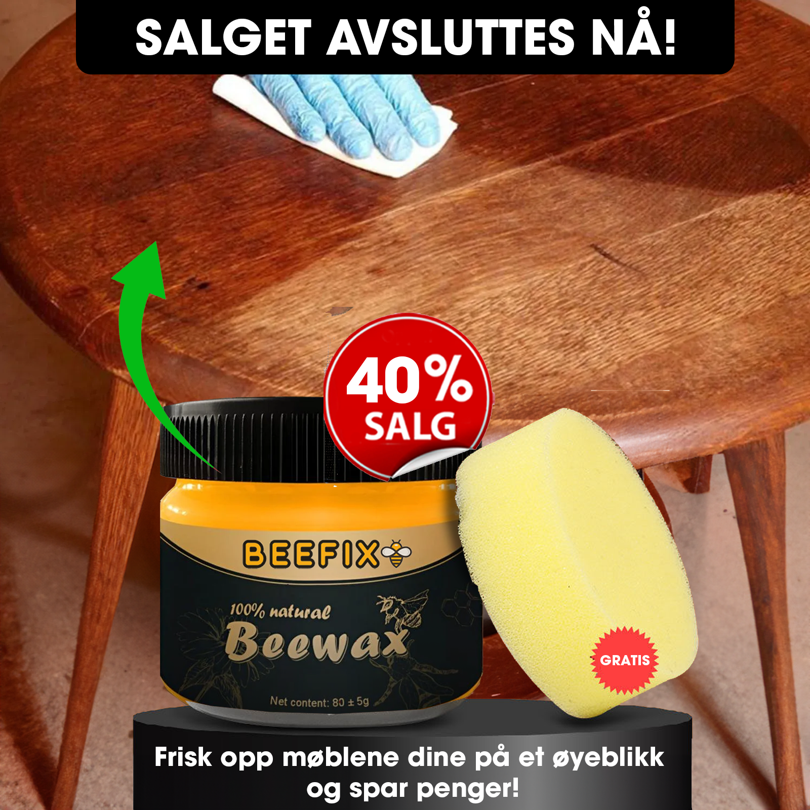 BeeFix Facebook ad: Forny tremøblene dine på sekunder med BeeFIX, 40% rabatt i…