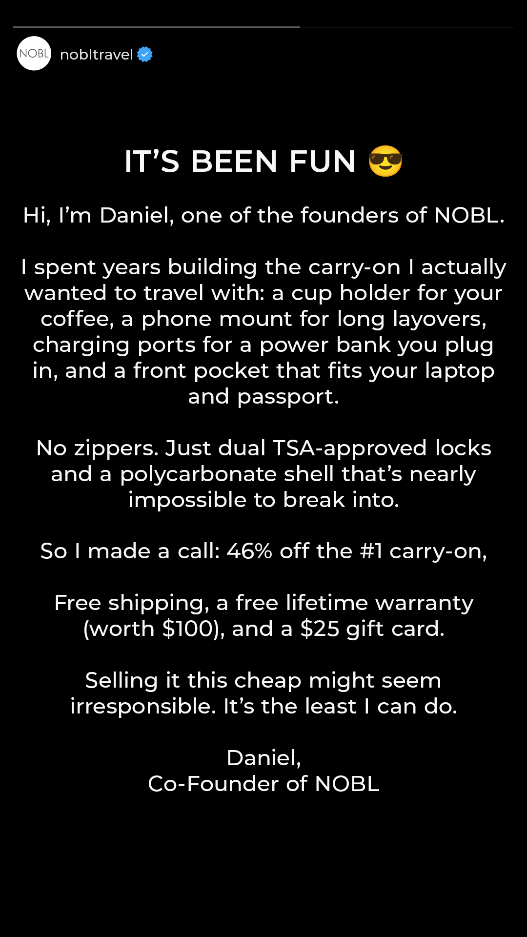 Daniel - Nobl Travel Founder Facebook ad from Jun 17, 2026