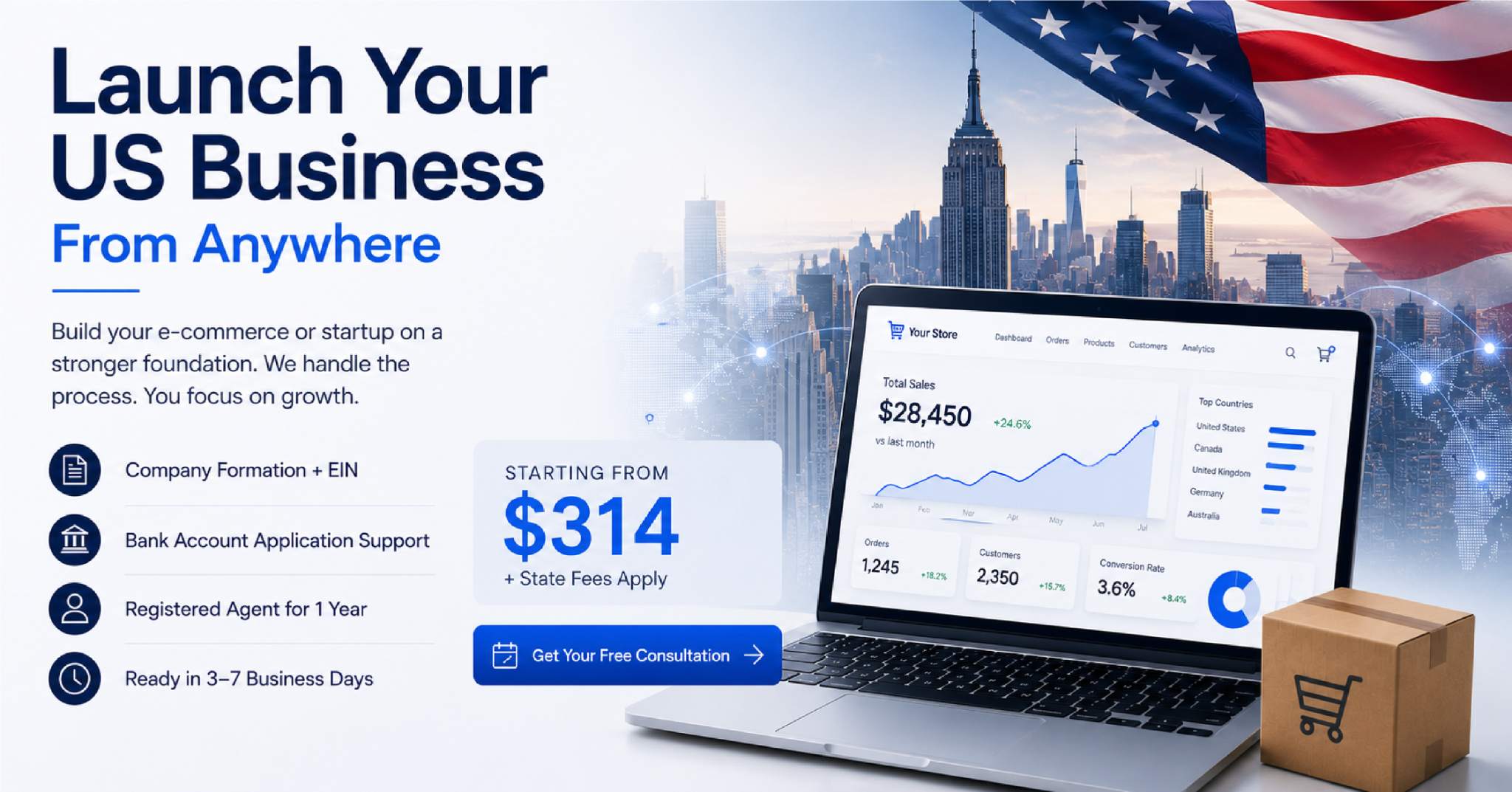 Moveabroadiq Facebook ad: Launch Your US Company from $314