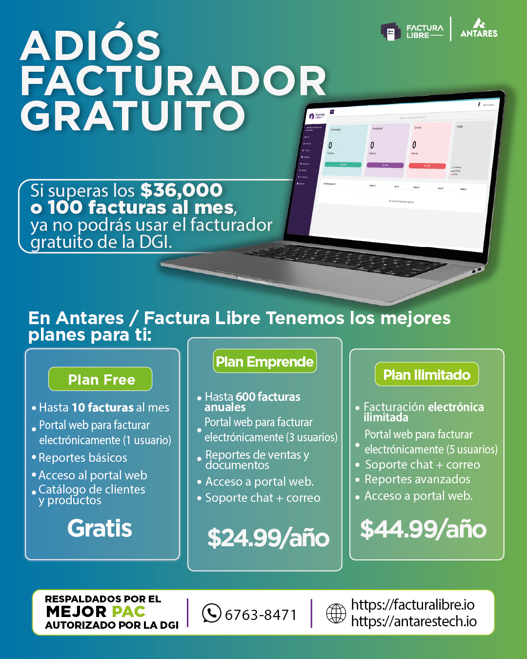 Antares Retail Facebook ad: ¿Superas las 100 facturas al mes? Cambia a Factura Libre