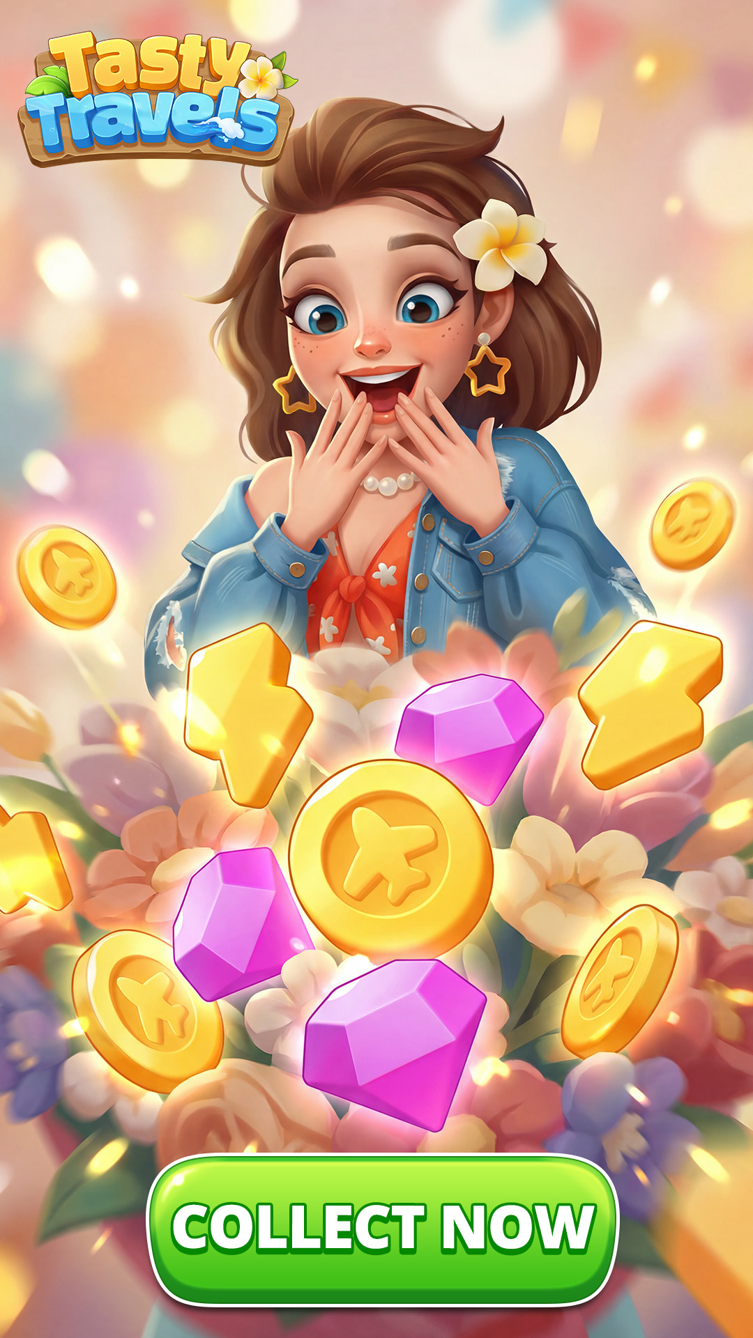 Tasty Travels: Merge Game Facebook ad: Download now to relax!
