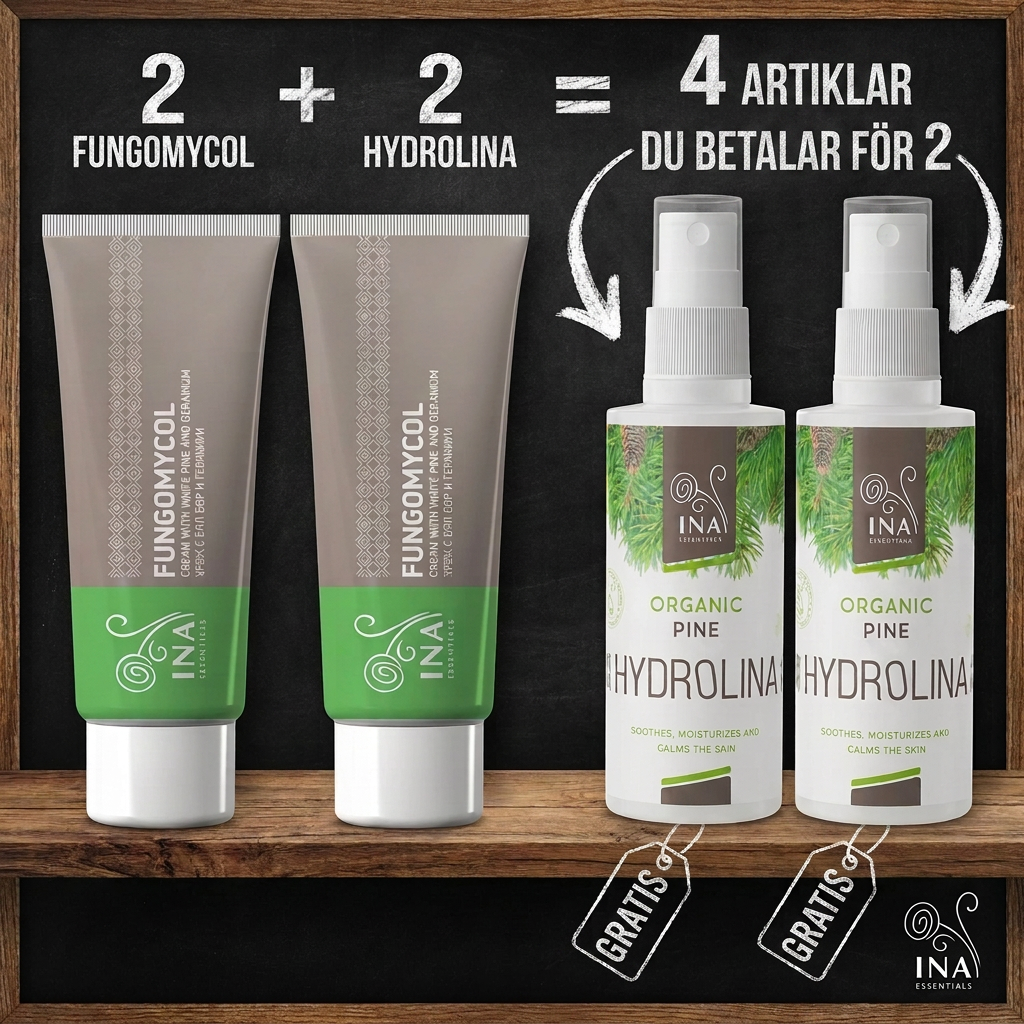 InaEssentials - Webbutik för 100% ekologisk BIO-kosmetika Facebook ad: Köp 2 Fungomycol, få 2 Hydrolina på köpet