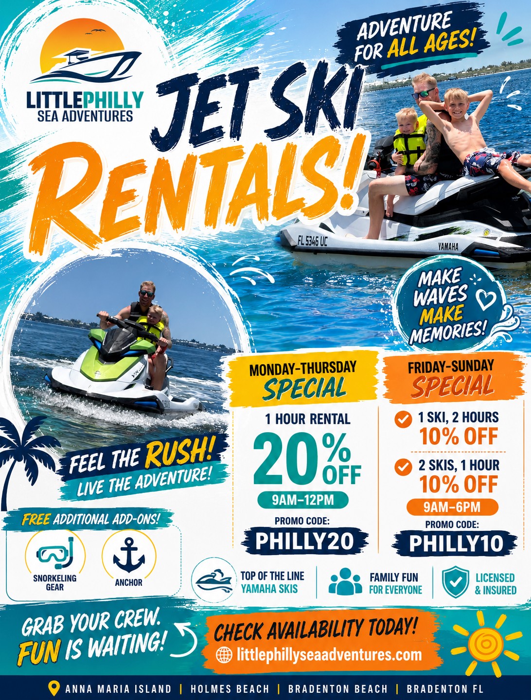 Little Philly Sea Adventures Facebook ad: Jet Ski Rentals near Anna Maria Island!