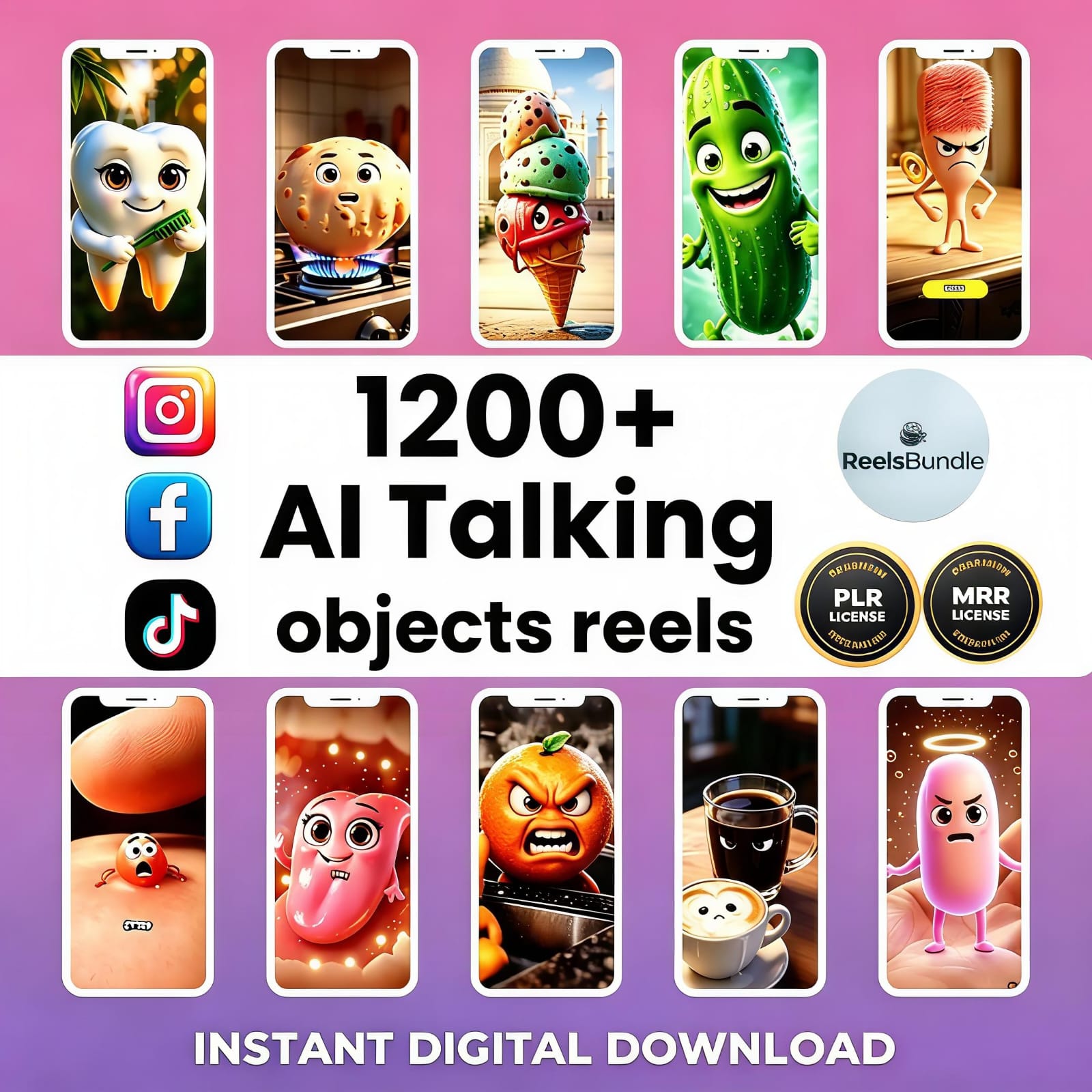 Reels Bundle Facebook ad: 1100+ AI Talking Object Reels Bundle, Canva Editable