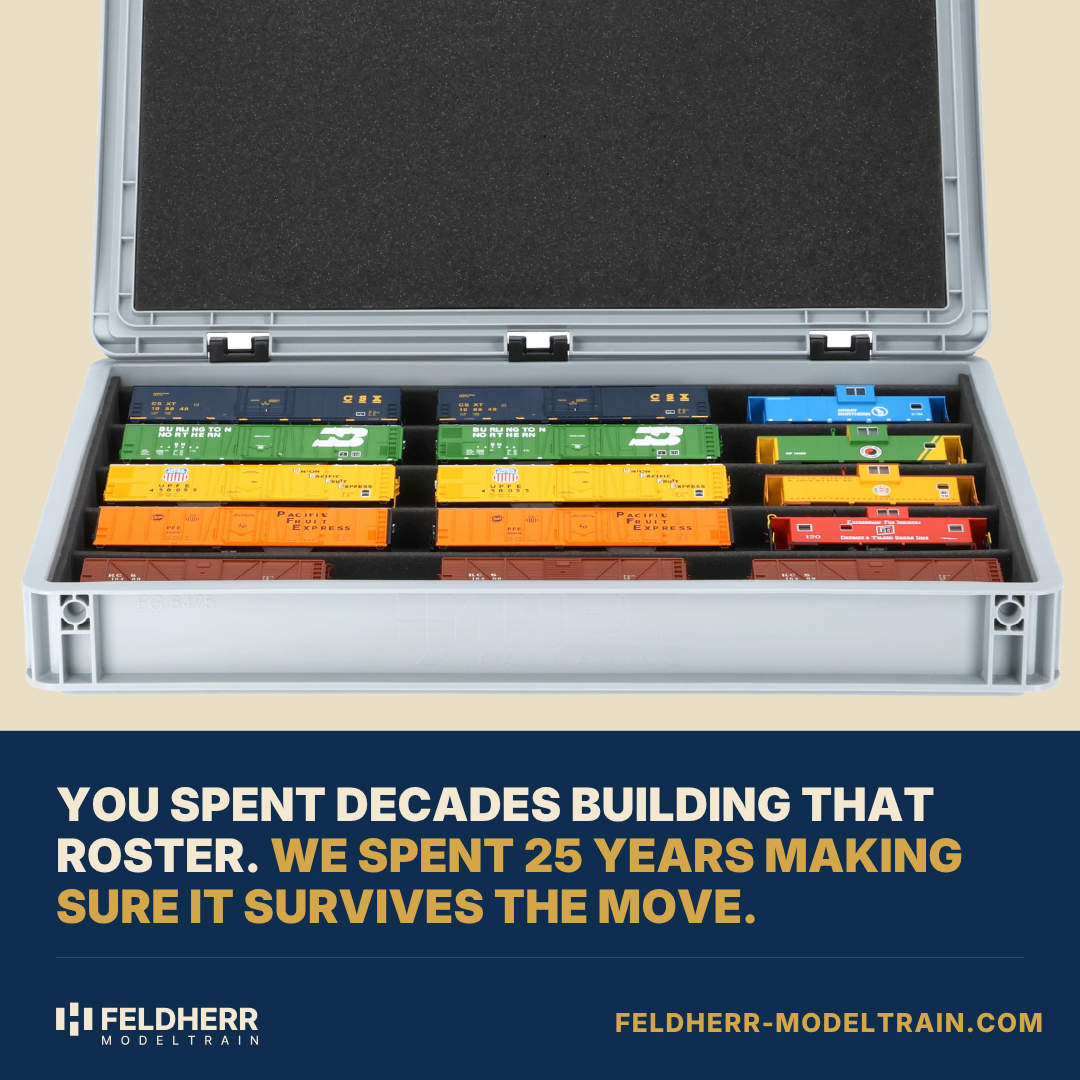 Feldherr Model Train Facebook ad: Reliable storage and transport for model train hobbyists.
