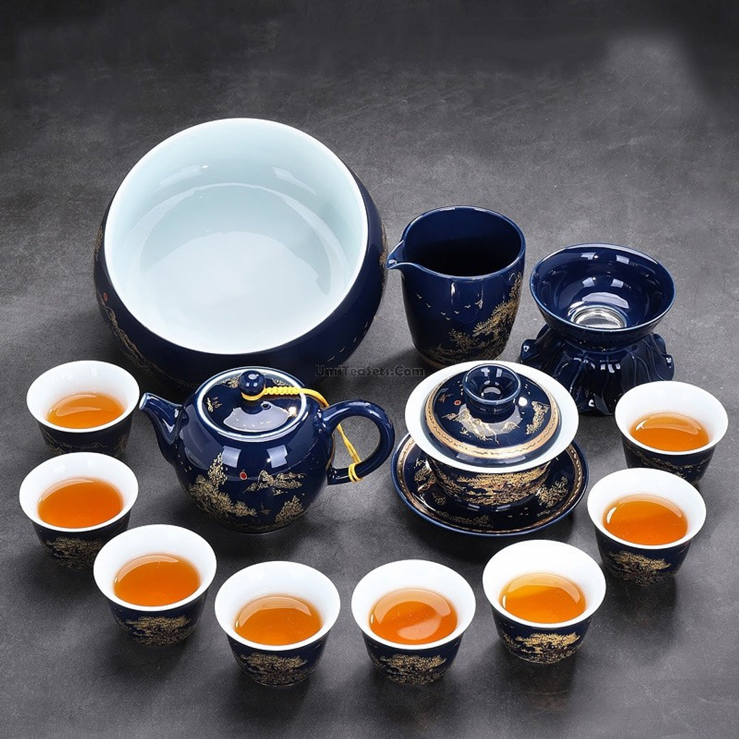 Umi Tea Sets Facebook ad: Blue And White Ruyao Twig Flowers Tea Set.