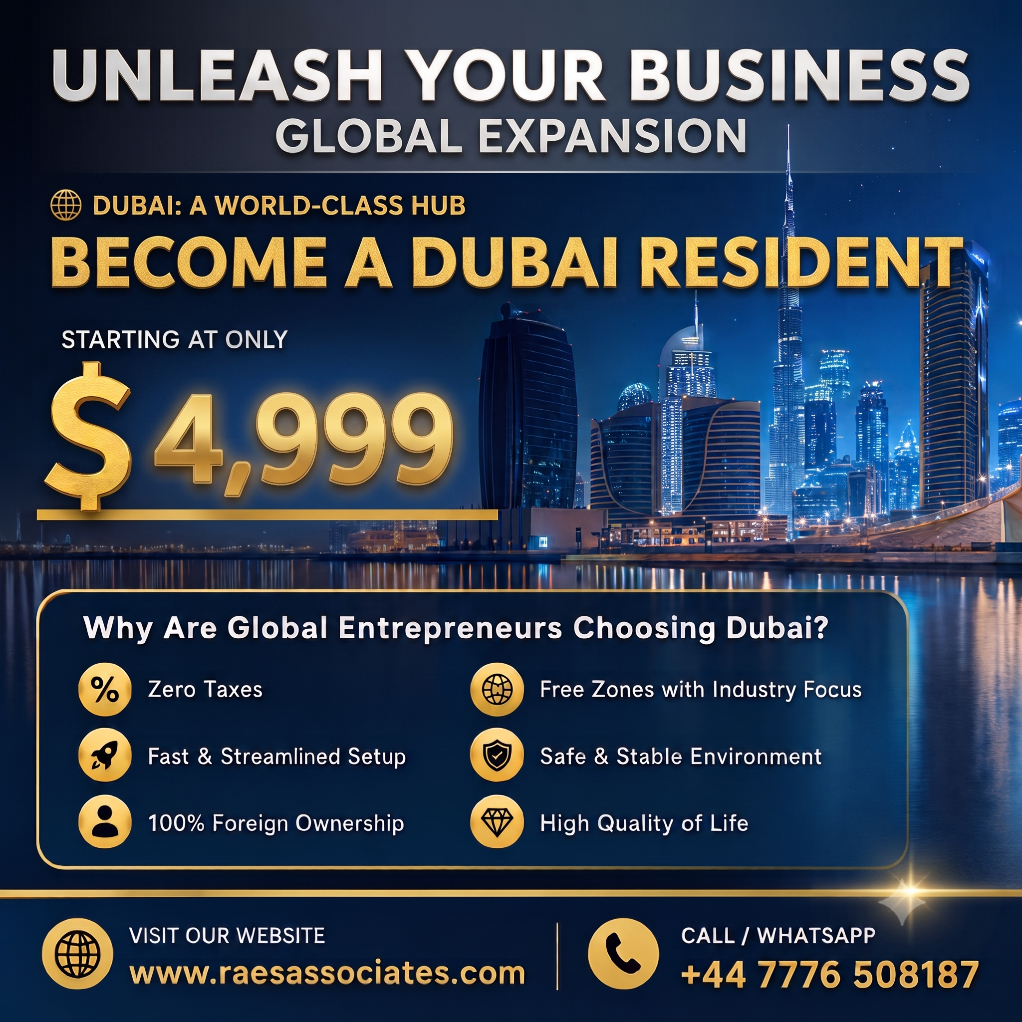 Raes Associates Facebook ad: Get Dubai Residency and save taxes