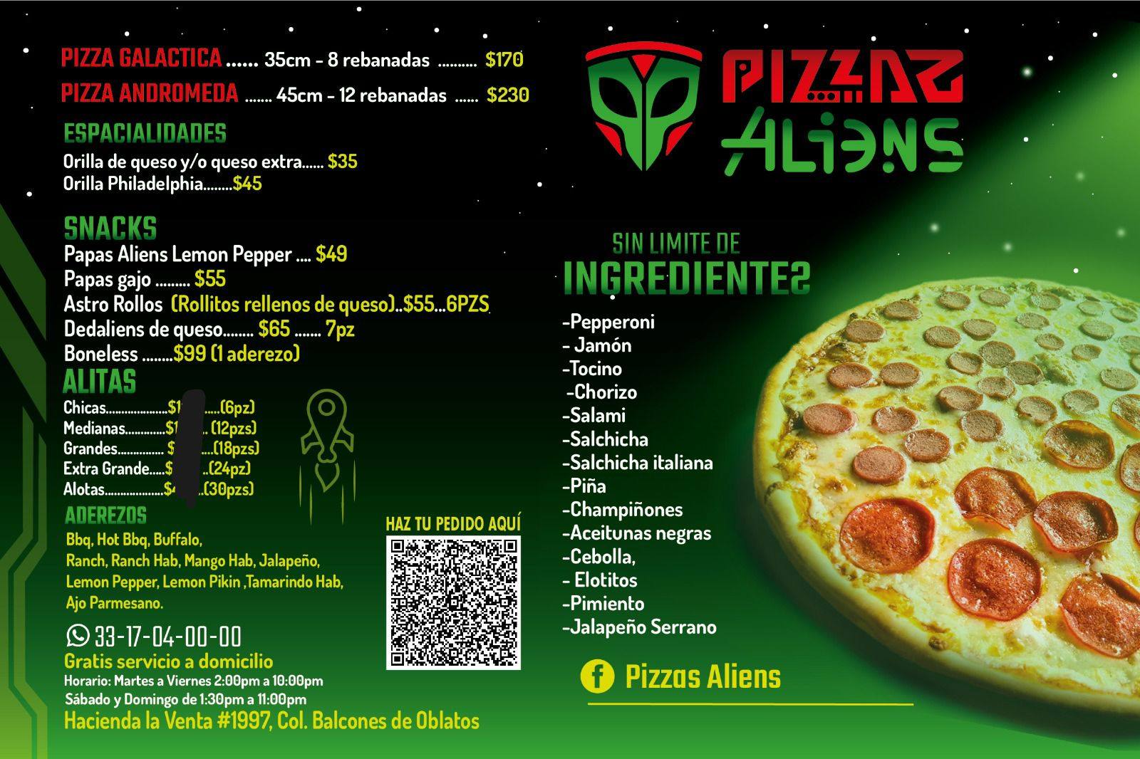 Pizzas Aliens Facebook ad: PIZZAS ALIENS SIN LÍMITE DE INGREDIENTES