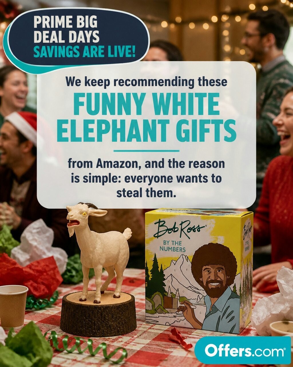Offers.com Facebook ad: Funny White Elephant Gifts That Win The Whole Party