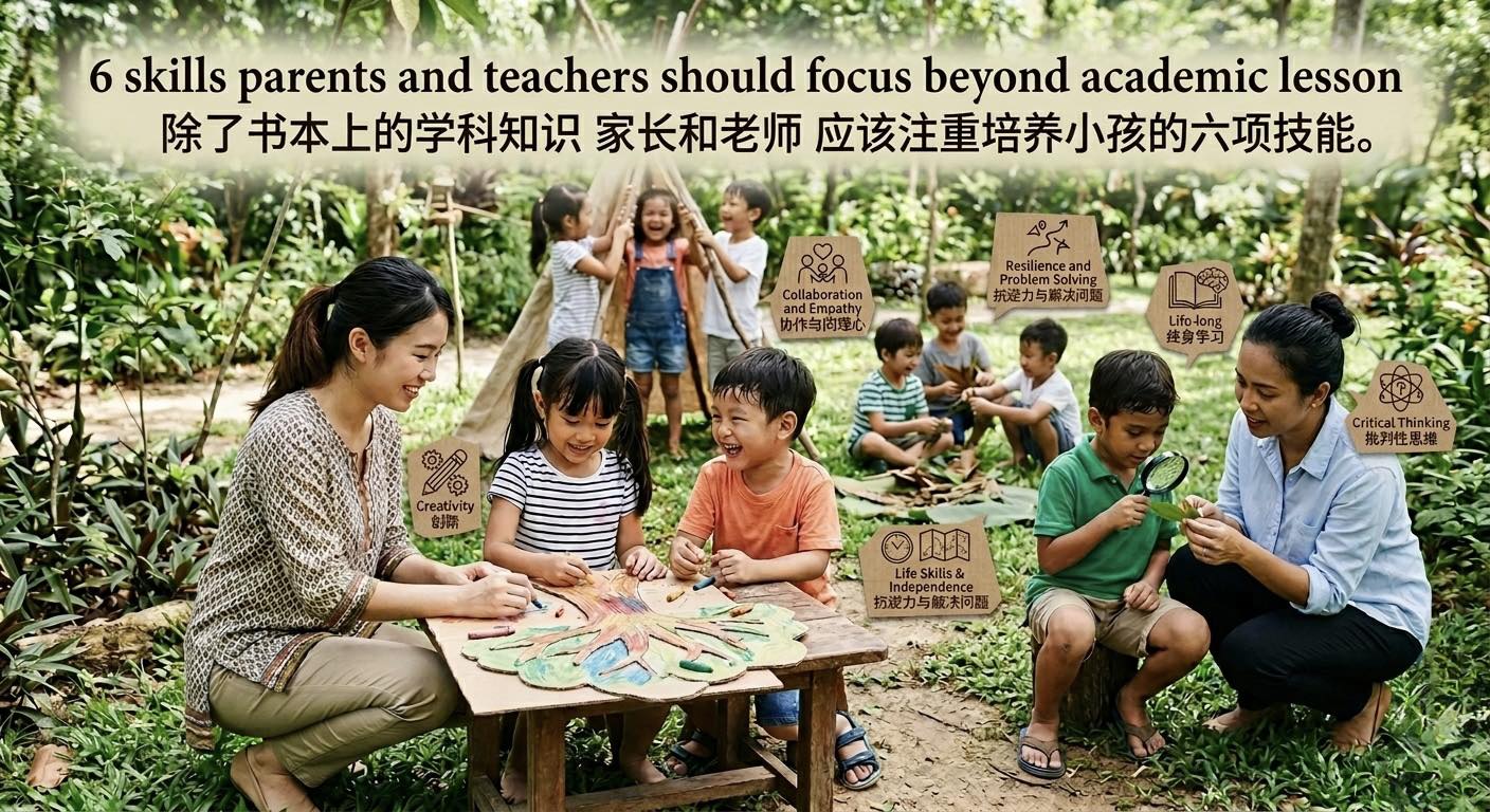 Little Tigers Trilingual Preschool Facebook ad: 除了书本上的学科知识, 家长和老师应该注重培养小孩的 六项技能